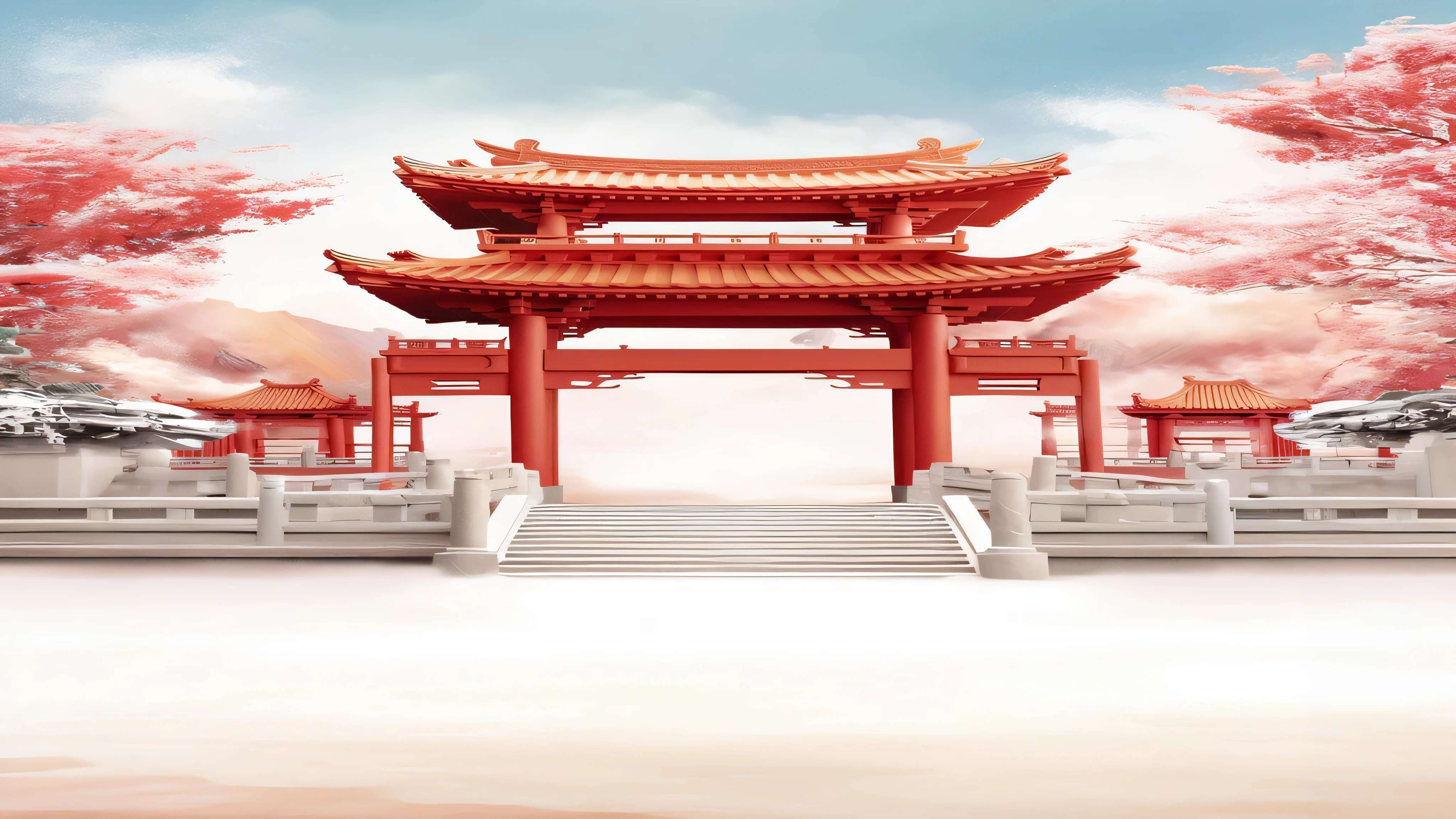 there is a red gate with stairs leading to a building, background depicting a temple, beautiful render of tang dynasty, digital painting of a pagoda, ancient chinese architecture, zen temple background, temple background, chinese architecture, chinese temple, dreamland of chinese, chinese palace, chinese style, japanese temple, inspired by Torii Kiyomitsu