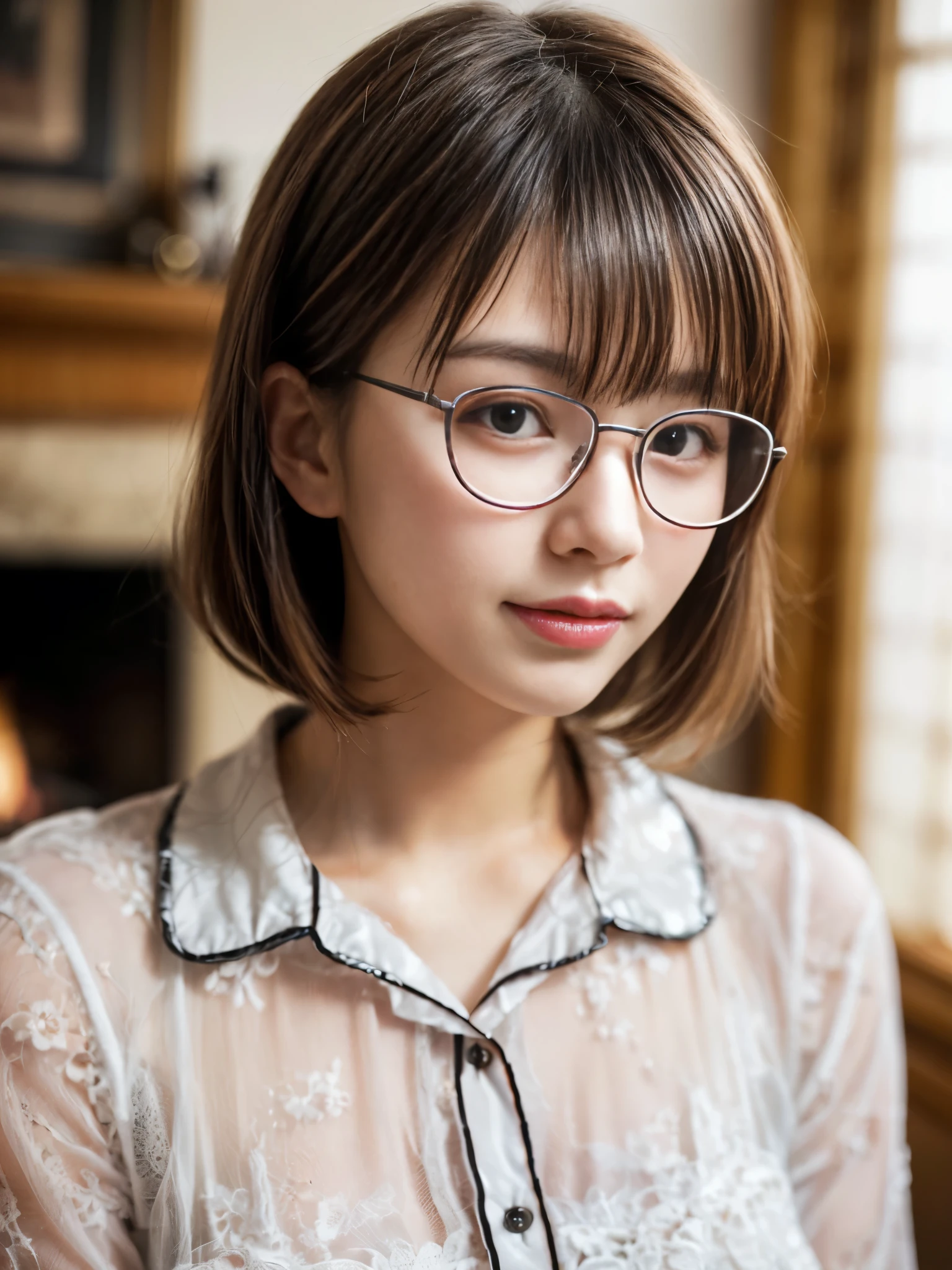 (8k, RAW photo, best quality, masterpiece, extremely detailed, absurdres:1.2) (realistic, photo-realistic:1.4) sharp focus, (blurred background:1.2) bokeh (close up:1.4) soft room light, detailed 4K background
BREAK
(detailed metal glasses:1.4) 1 extremely cute Japanese girl, detailed face, kawaii, 20 years old, detailed extremely pale skin, detailed straight short black hair, sexy smile, ecstasy (dynamic sexy pose:1.3) (pale white girly see-through pajamas:1.2) BREAK indoors, living room, fireplace, snow