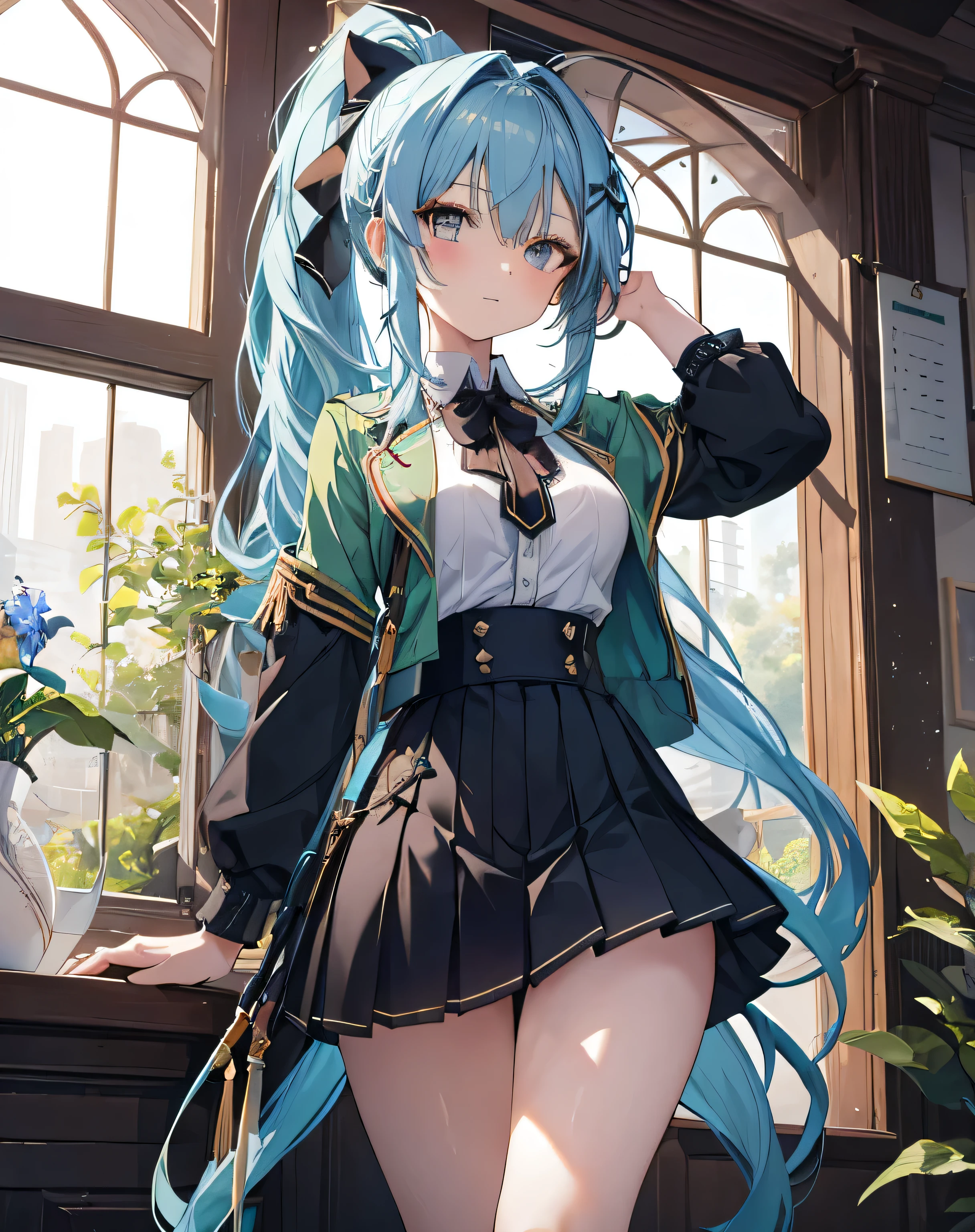 masterpiece,1girl, sparrow, a blue haired girl, wearing a green archer uniform, long hair, messy hair, black skirt, slim body, she have a bow, medium breasts, she close her left eye, shirt ornament, ppai, ponytail, innocent face, beautiful breasts, rounded breasts, crimson eyes, pleated skirt, curious face