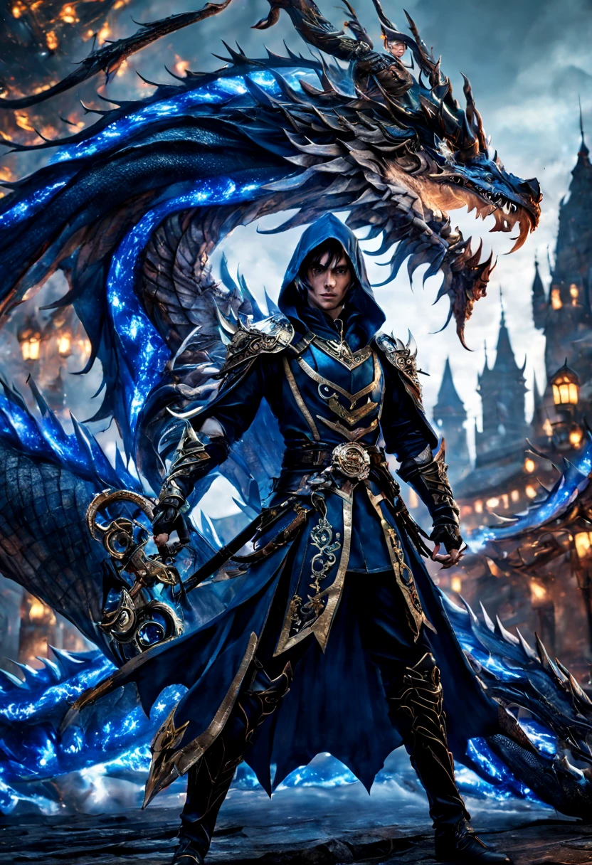 standing near a dragon is a gorgeous anime Half elf rogue male thai model with a black and deep blue hood outfit, highly detailed steampunk, eterochrome blue eyes, scars on the cheek Cyber eyes dark elf fighting a huge elven saddled armored dragon, dark demonic environment, highly detailed, unreal engine 5, battle field standing