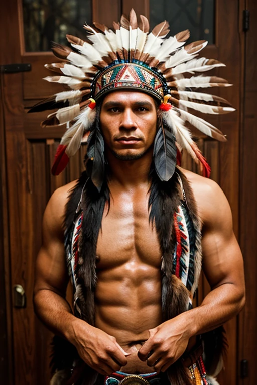 Extremely perfect and humanized hyper-realistic cinematic image of a Native American man with feathers on his head, Indian warrior, Nativo americano, Guerreiro nativo americano, Arte nativa americana, INDIAN, Um guerreiro nativo americano, american indian headdress, nuvem vermelha, Arte nativa, cena de filme hd, eagle feather, cena de filme hd, amazing hyperrealistic image, : native american shamen fantasy, Chapelaria Nativa Americana de Penas, cena de filme estilo DC