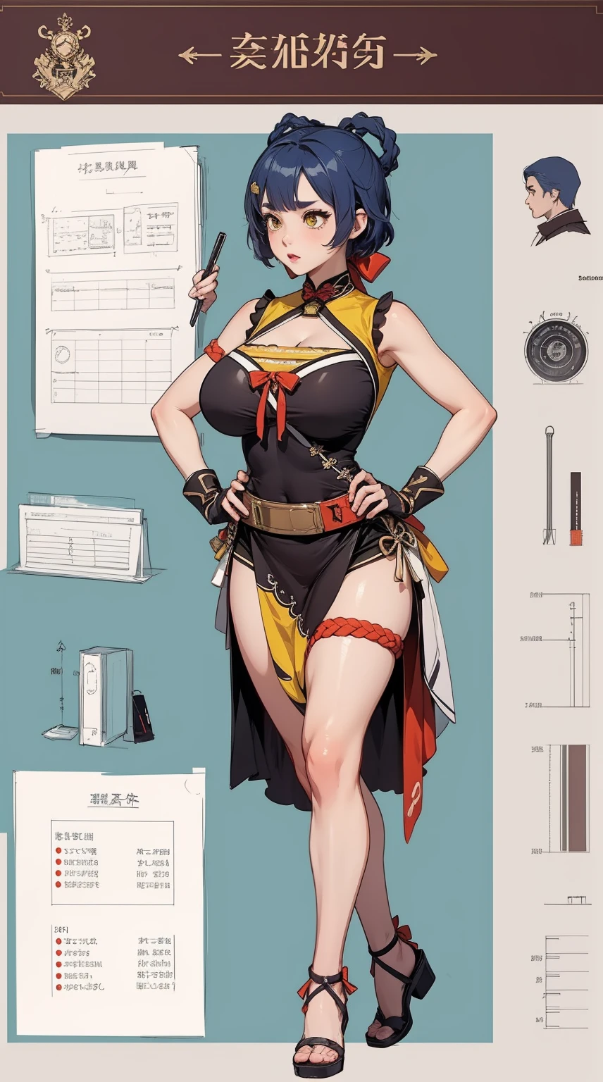 girl, solo, full body, from head to toe, standing, (Huge_Breasts:1.3),

Character Design Sheet, character reference sheet, character turn around,

xiangling \(genshin impact\),

1girl,blue hair,short hair,thick eyebrows,hairclip,hair rings, braid,yellow eyes,bow,glove,chinese clothes, sleeveless,bare shoulders, pelvic curtain,belt,