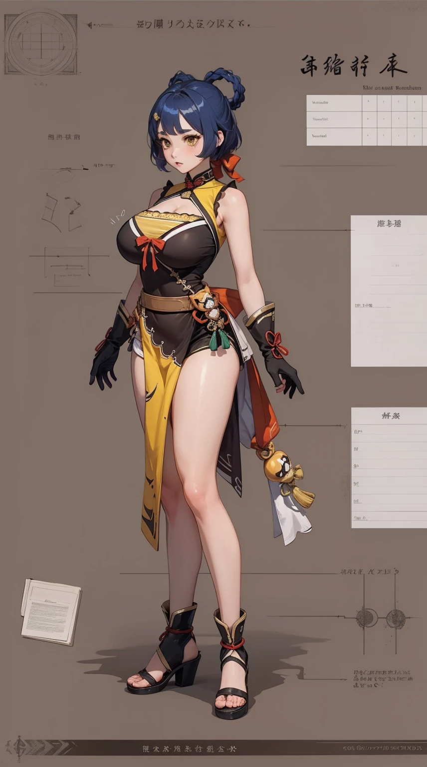 girl, solo, full body, from head to toe, standing, (Huge_Breasts:1.3),
Character Design Sheet, character reference sheet, character turn around,
xiangling \(genshin impact\),
1girl,blue hair,short hair,thick eyebrows,hairclip,hair rings, braid,yellow eyes,bow,glove,chinese clothes, sleeveless,bare shoulders, pelvic curtain,belt,