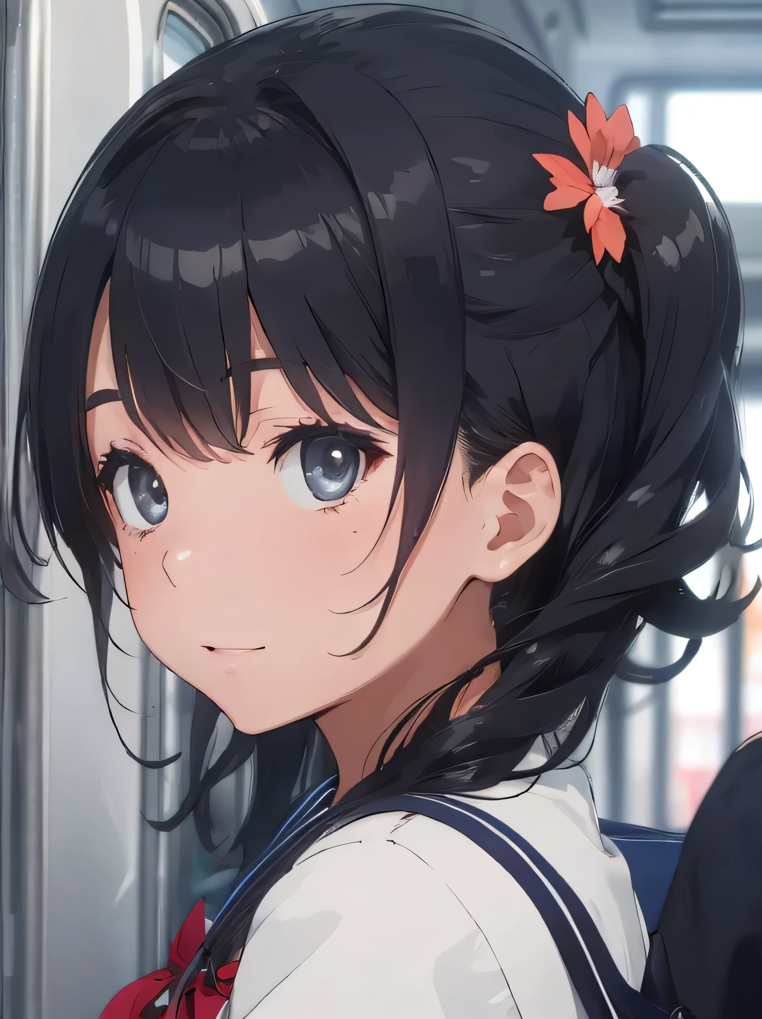 (8K、RAW photo、highest quality、masterpiece:1.2)、detailed background、beautiful and detailed face、sailor suit、sailor color、Cute colored school cardigan、navy pleated skirt、beautiful and smooth skin、skin texture、professional lighting、Beautiful teenage girl、cute hairstyle、Close-up of the nape from directly behind、in a crowded train、sexual expression