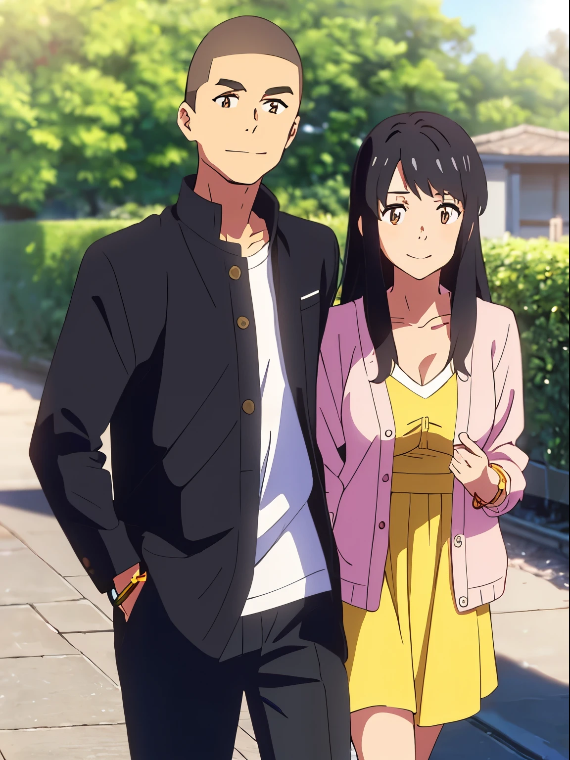 shinkai makoto, kimi no na wa., 1boy buzzcut, buzzcut, causal attire, 1girl, bangs, black hair, smile, brown eyes, twisted half up, red ribbon, long hair, pink Cardigan, open shirt, yellow dress, cleaveage, couple, masterpiece, perfect anatomy, cinematic angle, couple cute, adorable, Sun, daylight, Outdoors, bracelet,