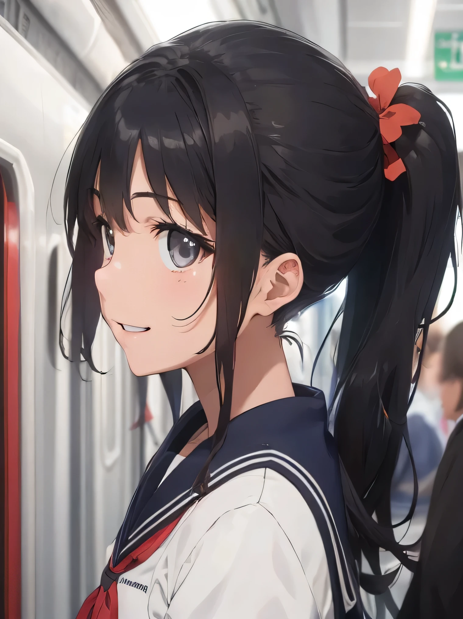 (8K、RAW photo、highest quality、masterpiece:1.2)、detailed background、beautiful and detailed face、sailor suit、sailor color、navy pleated skirt、beautiful and smooth skin、skin texture、professional lighting、Beautiful teenage girl、ponytail、Super close-up shot of the neck from directly behind、Close-up of the nape from directly behind、in a crowded train、sexual expression、smile
