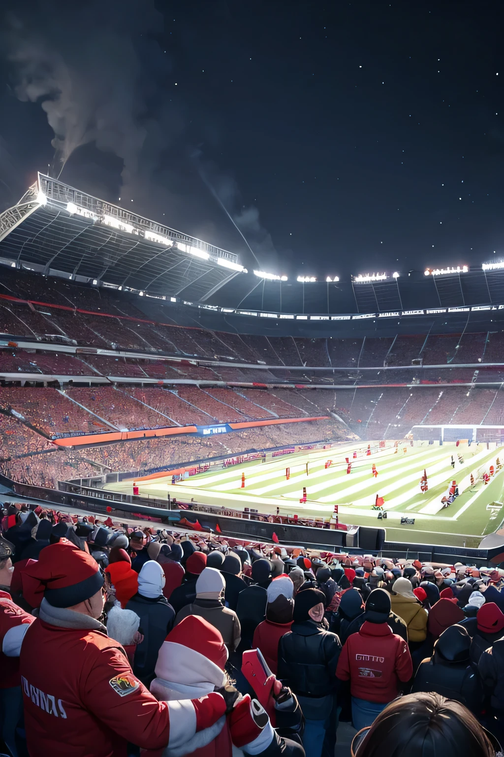 FC Rostov, Russian Football Club, stadium scene, football game, nighttime, city lights, snowy landscape, dynamic lighting, red and white team colors, fans in winter coats and hats, hot drinks in hands, steaming breath in the cold air, sharp focus, high resolution, detailed textures, vibrant colors, intense atmosphere, exhilarating energy, crowds cheering and clapping, snowflakes falling gently, unforgettable performance, powerful and determined team spirit.