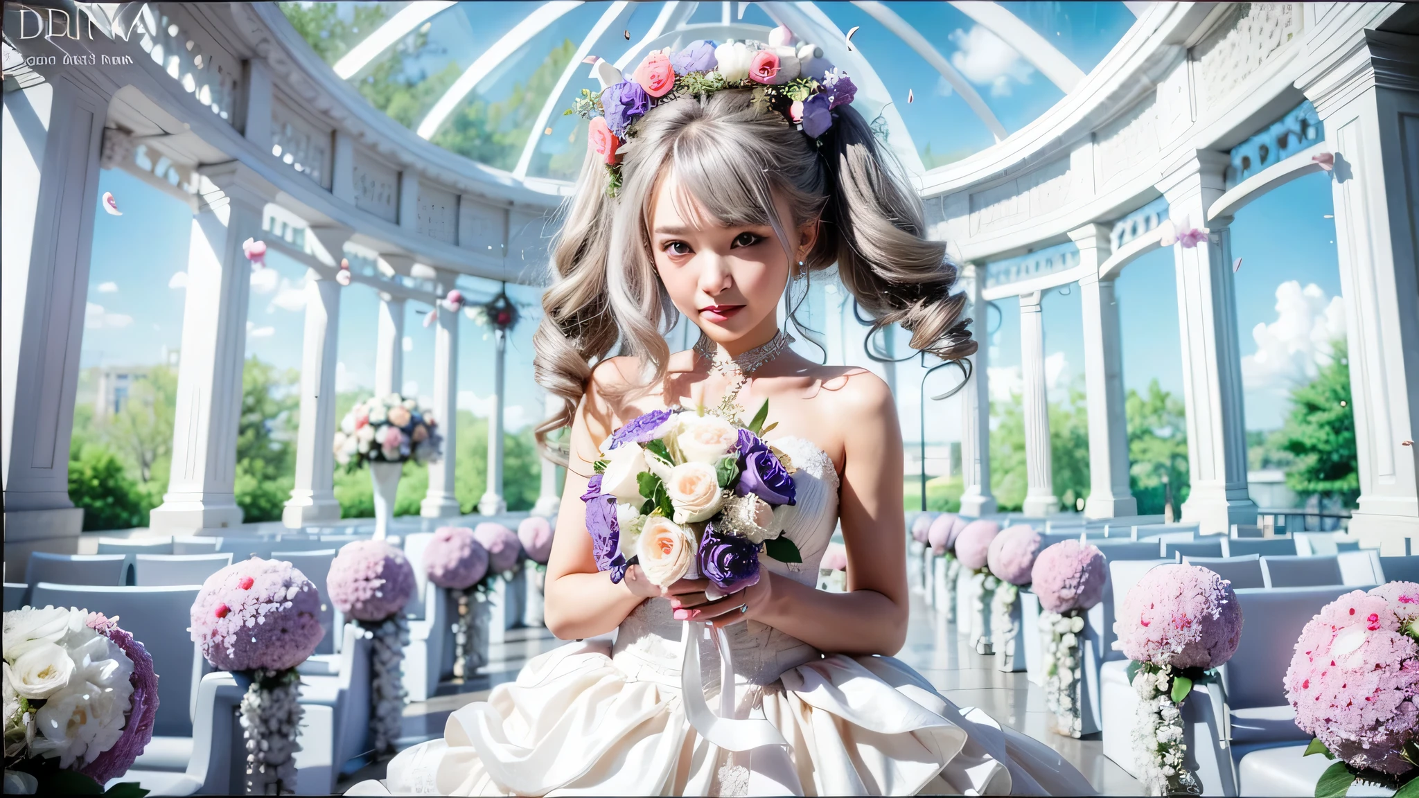 woman in a wedding dress holding a bouquet of flowers, red eyes, drill hair, normal eyes, grey hair, wedding dress, arround pillar