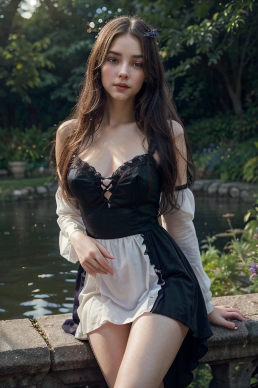 (bestselling,nationalawardwinning:1.2),detailed,portraits,(oilpainting,watercolor,canvas:1.1),(ultra-realistic:1.37),femenina,16-year-old,beautifully flowing black,long hair,(white porcelain-like skin,smooth:pale),(vivid,purple:bright)violet eyes,(sexily,charmingly:1.1)detailed face features,full,plump lips,(innocently,gently)(seductive,challenging:1.1)glance,enchantress,wearing a(short,length) dress with sleeves,innocently mischievous expression,with an air of mystery,casting spells.The scene is set in a lush,garden overlooking a moonlit lake,with soft,ethereal lighting and a touch of magical,sparkling dust lingering in the air.