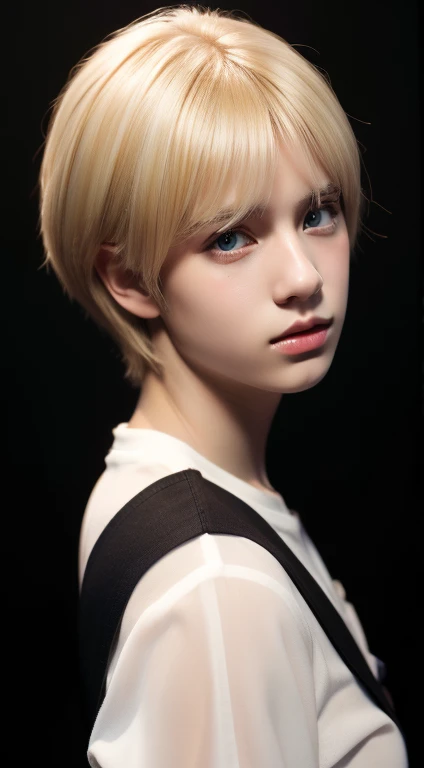 Blonde boy isolated on black background, brown eyes,