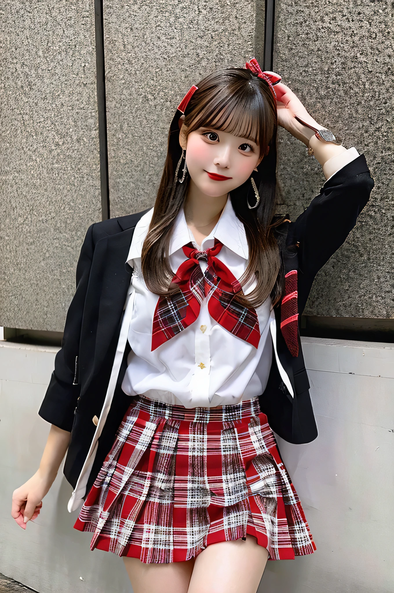 An 18-year-old high school girl wearing a very short skirt with a red plaid pattern and a white dress shirt..