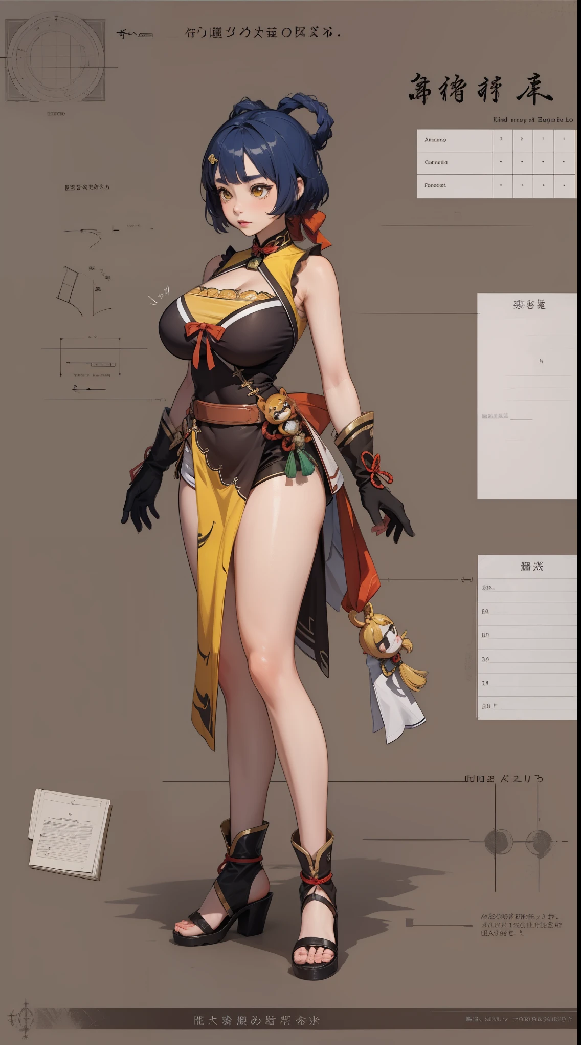 girl, solo, full body, from head to toe, standing, (Huge_Breasts:1.3),

Character Design Sheet, character reference sheet, character turn around,

xiangling \(genshin impact\),

1girl,blue hair,short hair,thick eyebrows,hairclip,hair rings, braid,yellow eyes,bow,glove,chinese clothes, sleeveless,bare shoulders, pelvic curtain,belt,