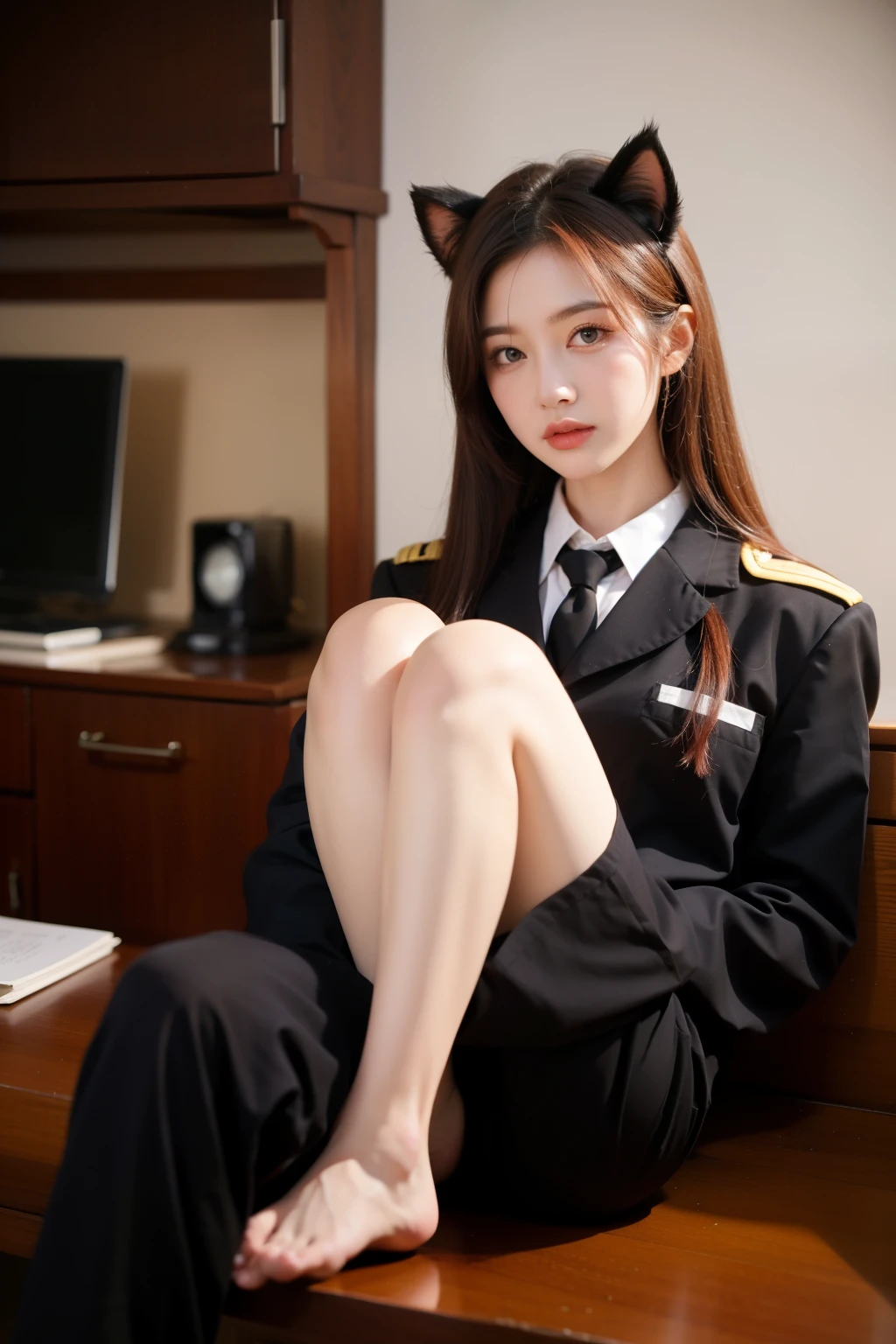 jk，girl，Uniforms，It's tumultuous，blush，eyes looking at the lens，Cat ear，Half body，dishiveredhair，long hair，Your face should be redder，are，Very cool look，Undress，Take off your pants，A cup