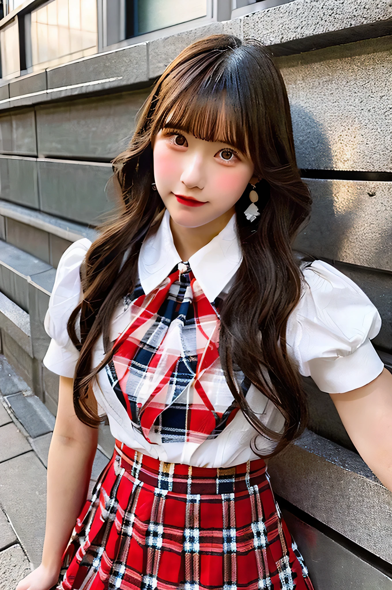 An 18-year-old high school girl wearing a very short skirt with a red plaid pattern and a white dress shirt..