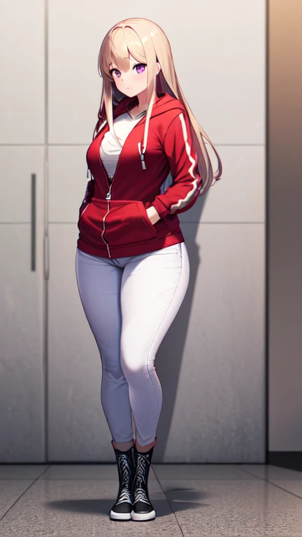 (5 foot 5 inch Anime girl wearing a ((red zip up hoodie over a shirt)), (white jeans), and black knee high lace up converse boots with round toes), Large breasts, thick thighs, cute, full body image, back view, sliver long hair, purple eyes, quality images, ((high quality faces)), underground, standing, shy and cute posing