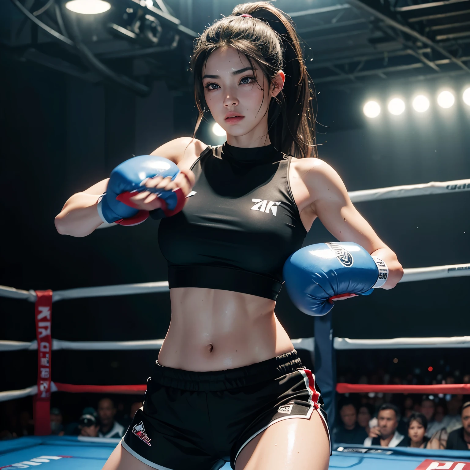 8k, best quality, masterpiece, realistic, real person, Unity 8k wallpaper, (1 girl) , Beautiful eyes, (Delicate face) , Perfect detail, (best lighting) , (Ultra complex details) , (boxing girl) , (sexy), sweat, heavy breathing, (oppressive aggression) , (boxing ring), athletic shorts, perfect detail, perfect fingers, perfect limb, impact, ( shiny skin), abs, muscles, big tits, waistline,boxing shorts, fist fight, black hair, high ponytail, very long hair, 4k unified, (super detail c: 1.2), (8k:1.2), realistic, octane rendering