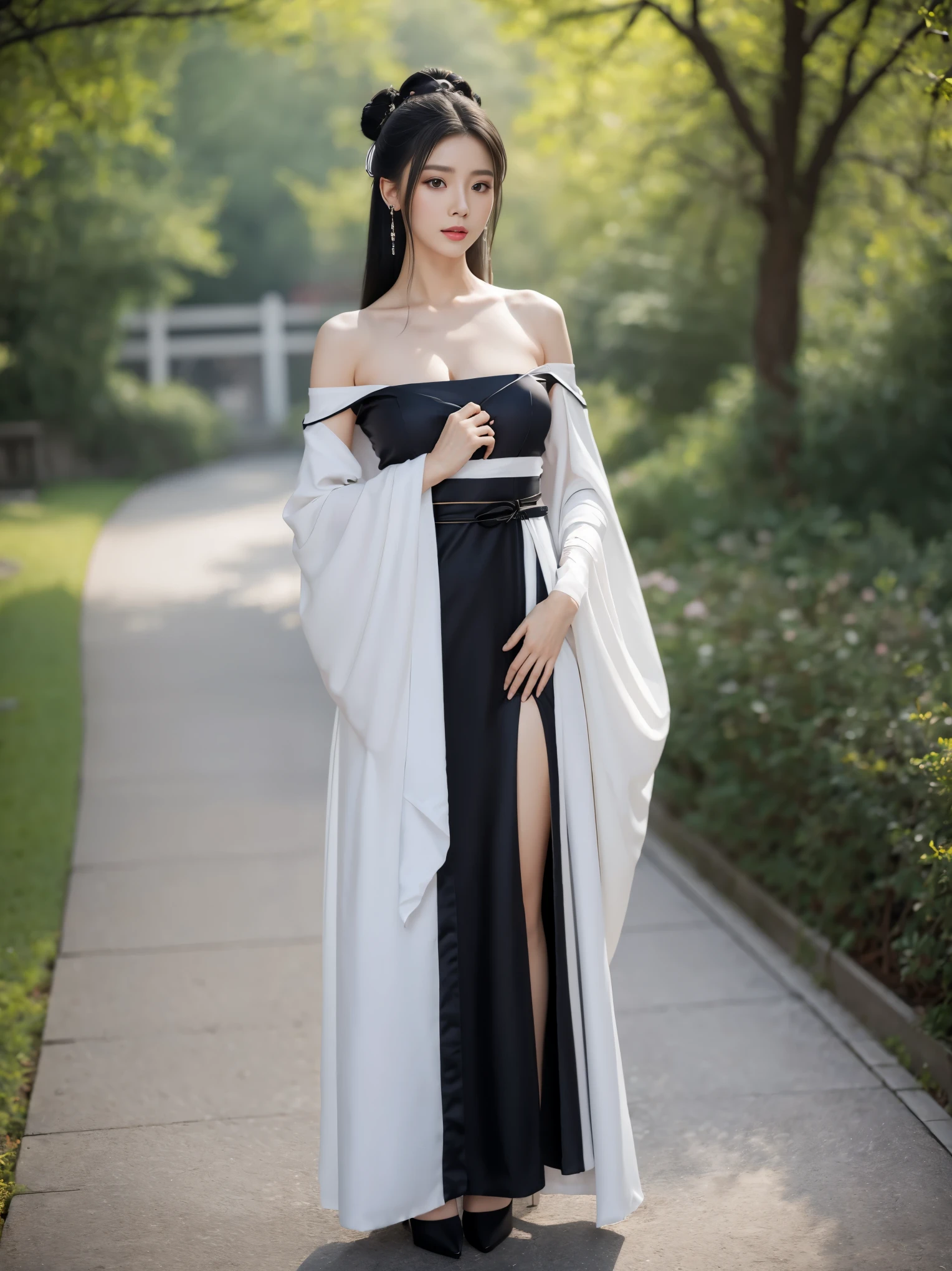 best quality,8k resolution,female,princess,long hair,black hair,hanfu,bare_shoulders, cape, drop earrings,hair bun,stockings,best quality,8k resolution,full body,female,princess,black hair,long hair,hanfu,silvercleavage dress,bare_shoulders,stockings,high heels,