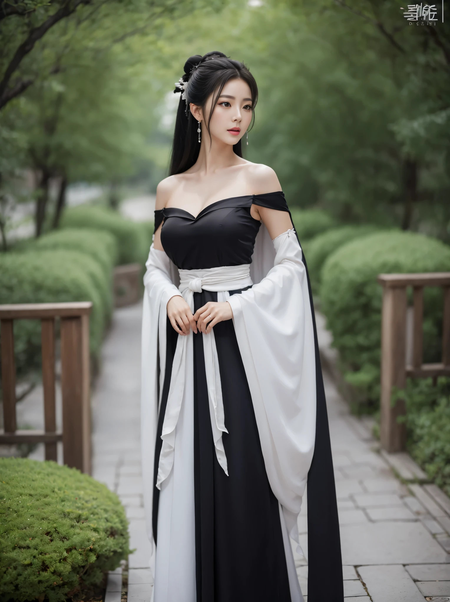 best quality,8k resolution,female,princess,long hair,black hair,hanfu,bare_shoulders, cape, drop earrings,hair bun,stockings,best quality,8k resolution,full body,female,princess,black hair,long hair,hanfu,silvercleavage dress,bare_shoulders,stockings,high heels,