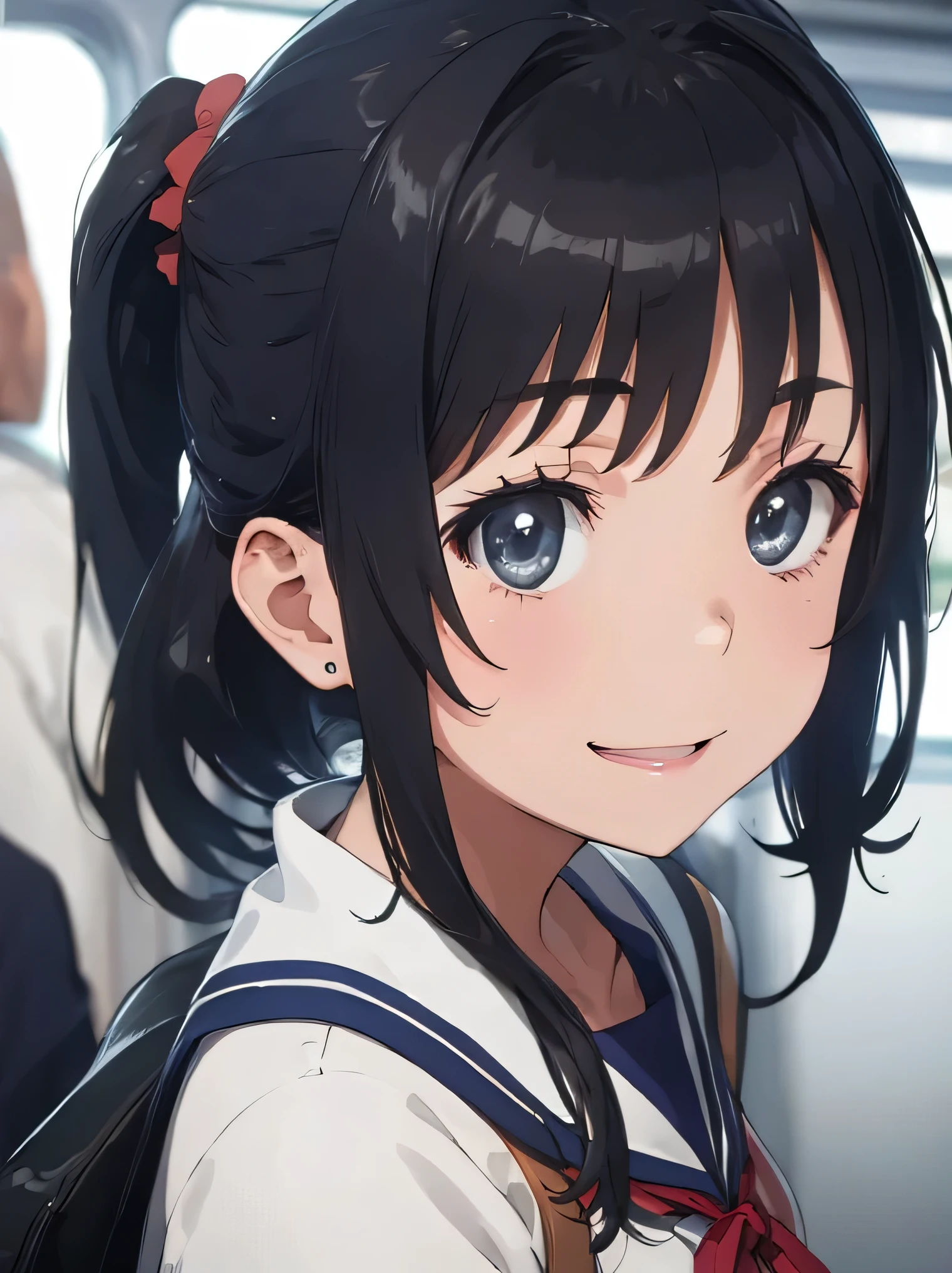 (8K、RAW photo、highest quality、masterpiece:1.2)、detailed background、beautiful and detailed face、sailor suit、sailor color、navy pleated skirt、beautiful and smooth skin、skin texture、professional lighting、Beautiful girl、ponytail、Super close-up shot of the neck from directly behind、Close-up of the nape from directly behind、in a crowded train、sexual expression、smile