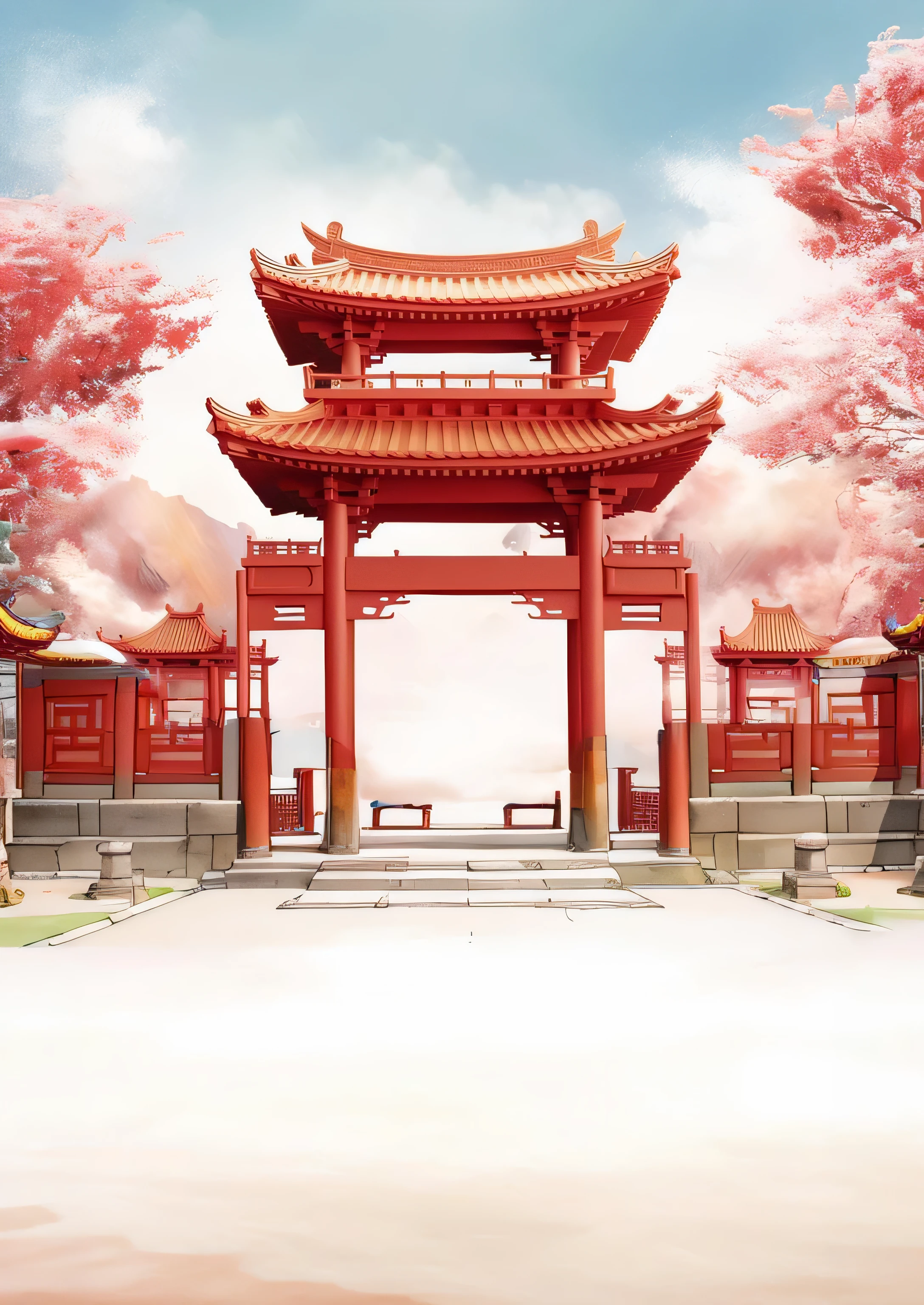 there is a red gate with stairs leading to a building, background depicting a temple, beautiful render of tang dynasty, digital painting of a pagoda, zen temple background, ancient chinese architecture, temple background, chinese architecture, chinese temple, dreamland of chinese, chinese palace, chinese style, japanese temple, inspired by Torii Kiyomasu II