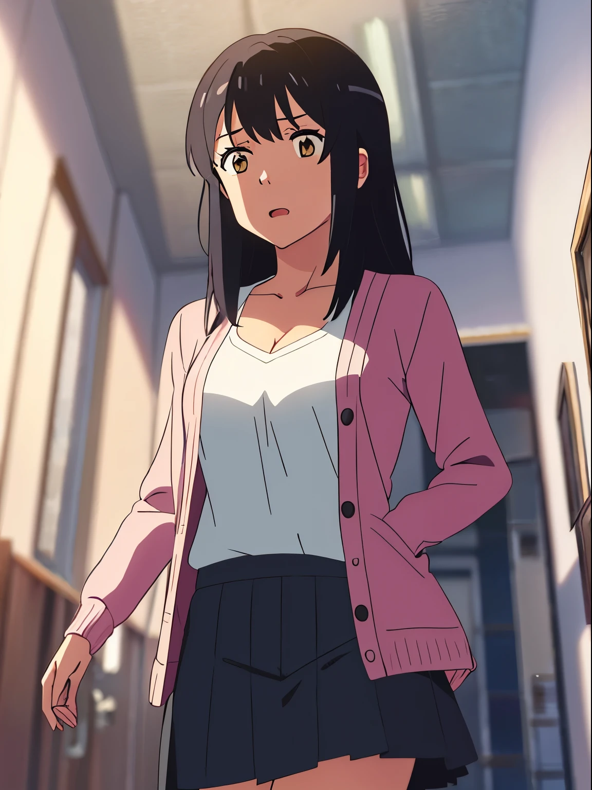 shinkai makoto, kimi no na wa., 1girl, bangs, black hair, brown eyes, worried eyes, open mouth, Twisted Half Up, red ribbon, long hair, pink cardigan, open shirt, yellow shirt, cleavage, breast, medium breast, black shirt skirt, white panties, angle shot from below, indoors, hallway, masterpiece, perfect anatomy, cowboyshot