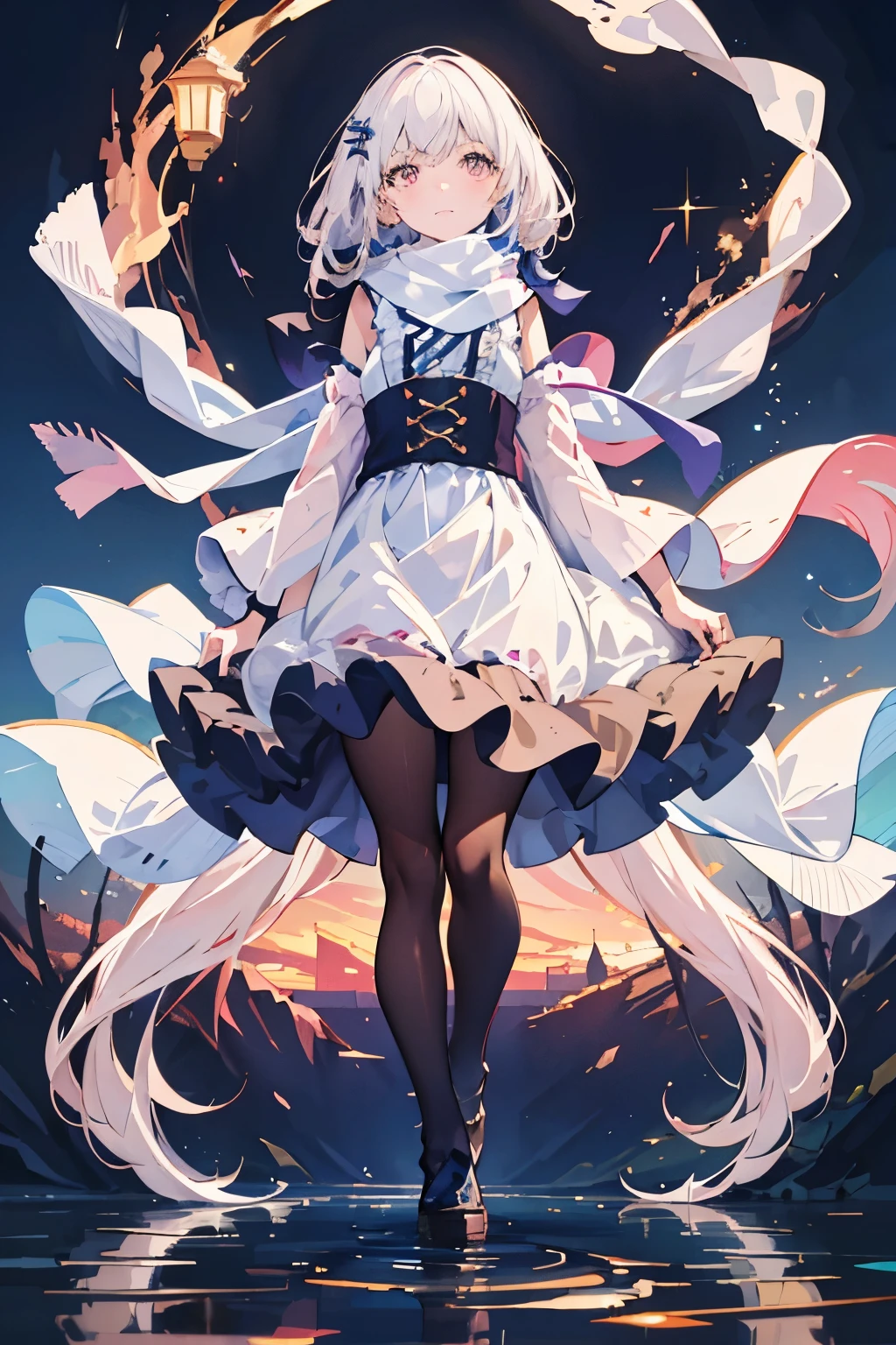 [(White background:1.5),::5] (Isometric:1.0), double contact, bubble, medium shot, Full body female love, // masterpiece, best quality, 1 girl, (rich and colorful),(Delicate and beautiful eyes and delicate face),Cinema lighting,Half-length photo,Extremely detailed CG unified 8k wallpaper, 1 girl, pink eyes ,(long hair),long white hair (floating in the wind), Rear view, look back, hair accessories, 花hair accessories. scarf, ribbon, white dress, visible shoulders, walking on pond, water reflection, pond, Medium chest,  night sky, Milkyway Sky, horizon,  moon，（（black pantyhose））