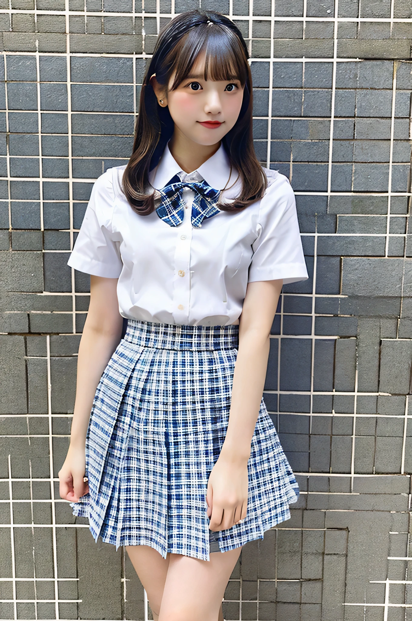 high school girl, 18-year-old, She is wearing a very short light blue plaid skirt and a white dress shirt.。.