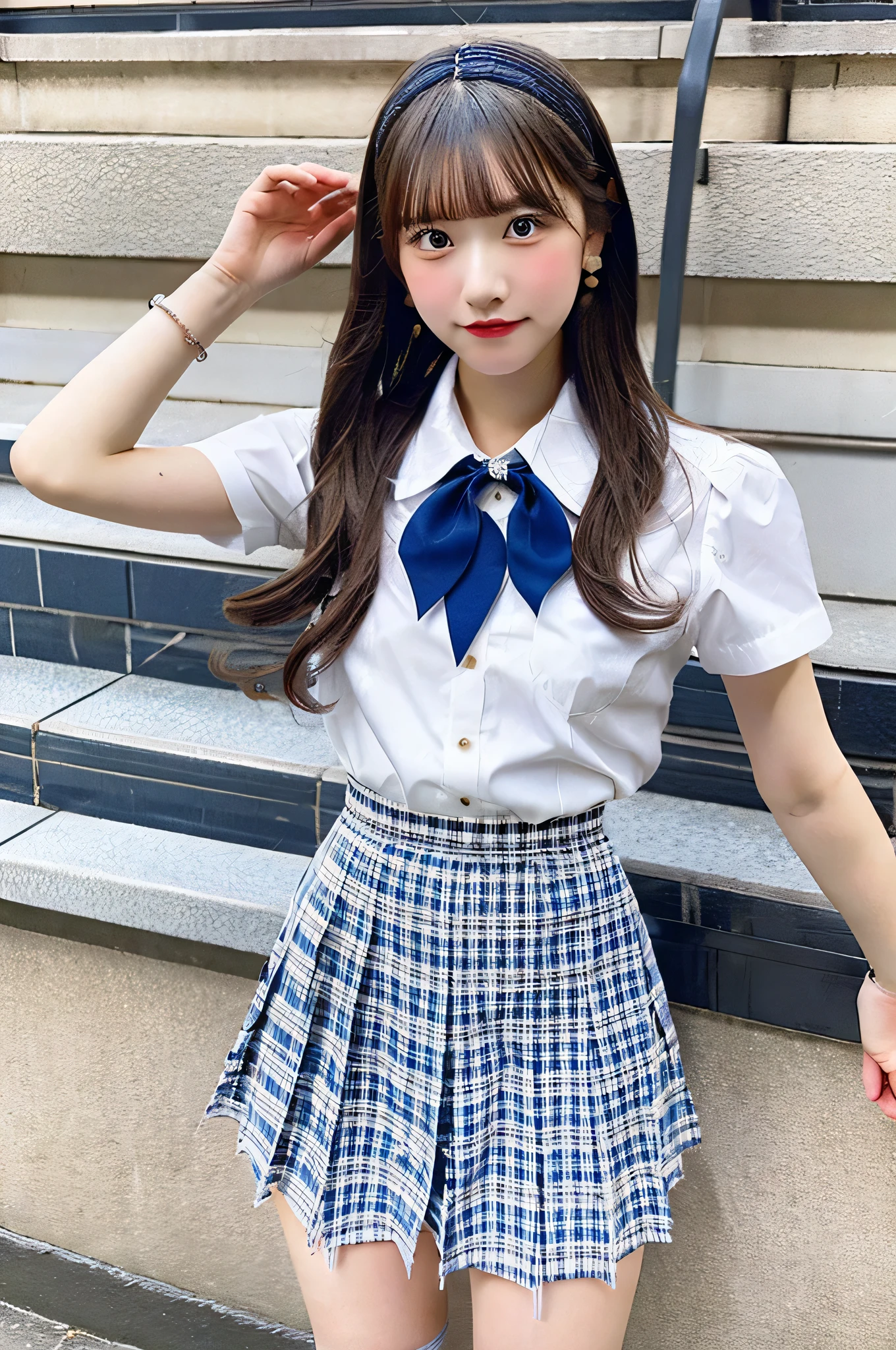 An 18-year-old high school girl wearing a very short skirt with a blue plaid pattern and a white dress shirt..