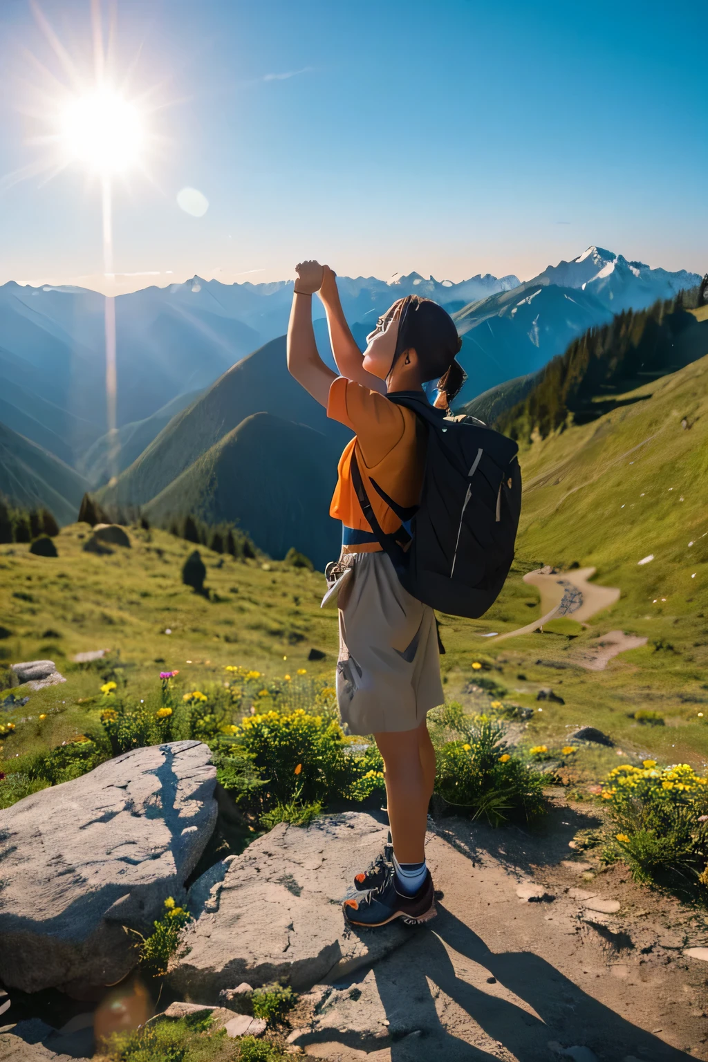 Japanese woman thrusting her fist toward the morning sun from the top of a mountain in summer, Full back view,　hiking clothes