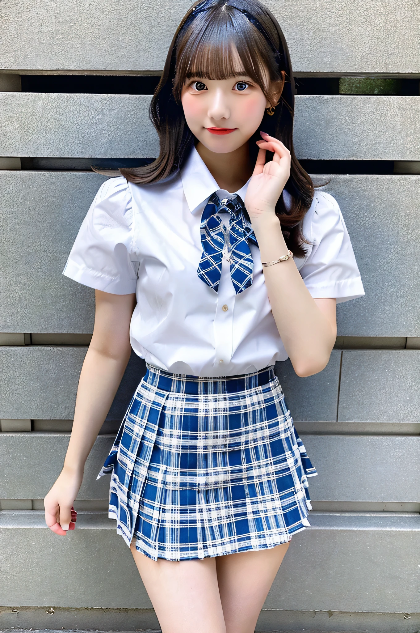 An 18-year-old high school girl wearing a very short skirt with a blue plaid pattern and a white dress shirt..