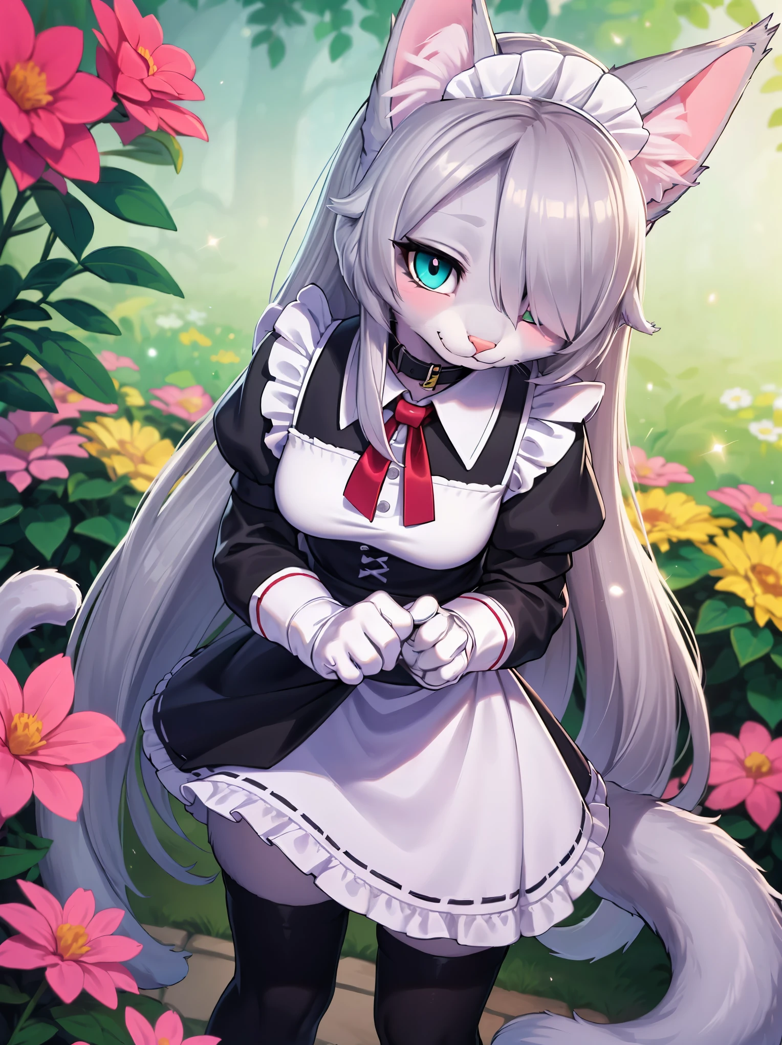 (detailed snout and eyes:1.3), Masterpiece, perfect, highly detailed, furry, Anthro, (adult), (1female), (adult cat girl), (fluffy fur:1.2), (pink fur:1.3), 1 cat tail, (fluffy cat tail), (silver long hair:1.6), (hair over one eye:1.2), (silver cat ears:1.6), (teal cat eyes:1.2), {cat's pupil}, medium breasts, wearing a black collar, comfy clothes, (wearing a long elegant and classic maid dress:1.4), {long black maid skirt:1.2}, frills, (silk white gloves), (silk white thigh-highs socks), beautiful garden background, caressing flowers, smiling, right angle view, standing
