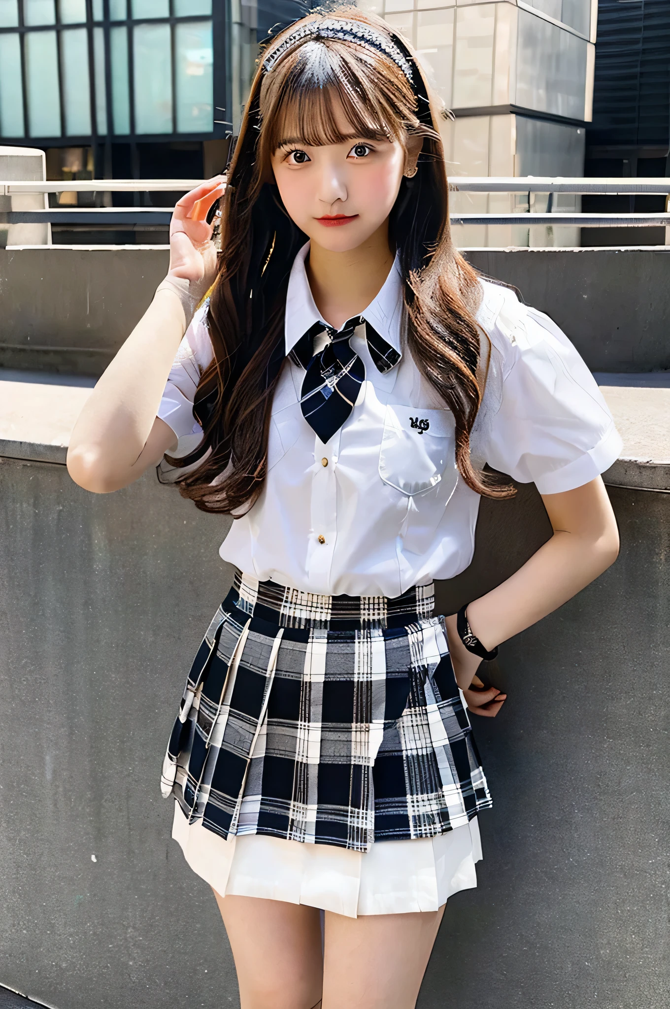 An 18-year-old high school girl wearing a very short black plaid skirt and white shirt..