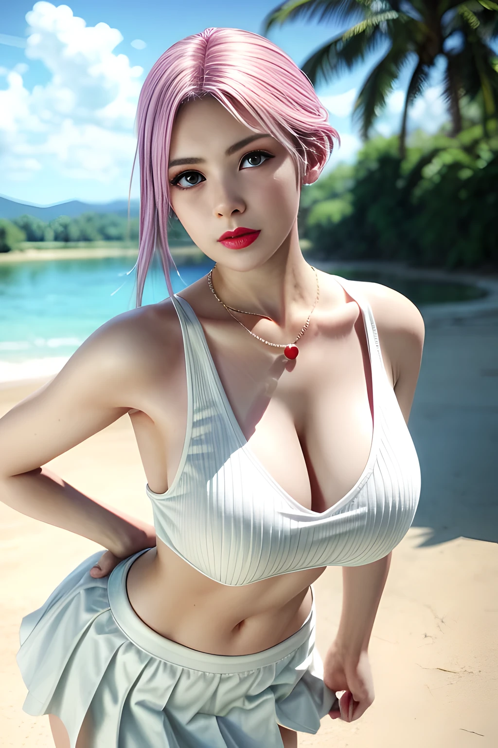 1 girl,Alice,(White sleeveless short mini mini skirt ),outdoor,jewelry,grace,(((red lips))), Lips slightly open, clavicle,(huge breasts),((8k, original photo, top quality, masterpiece), HD RAW color photos professional close-up photos, (actual, photorealism: 1.37), (best quality),8k,soft sunshine, Fabric luster,alone,