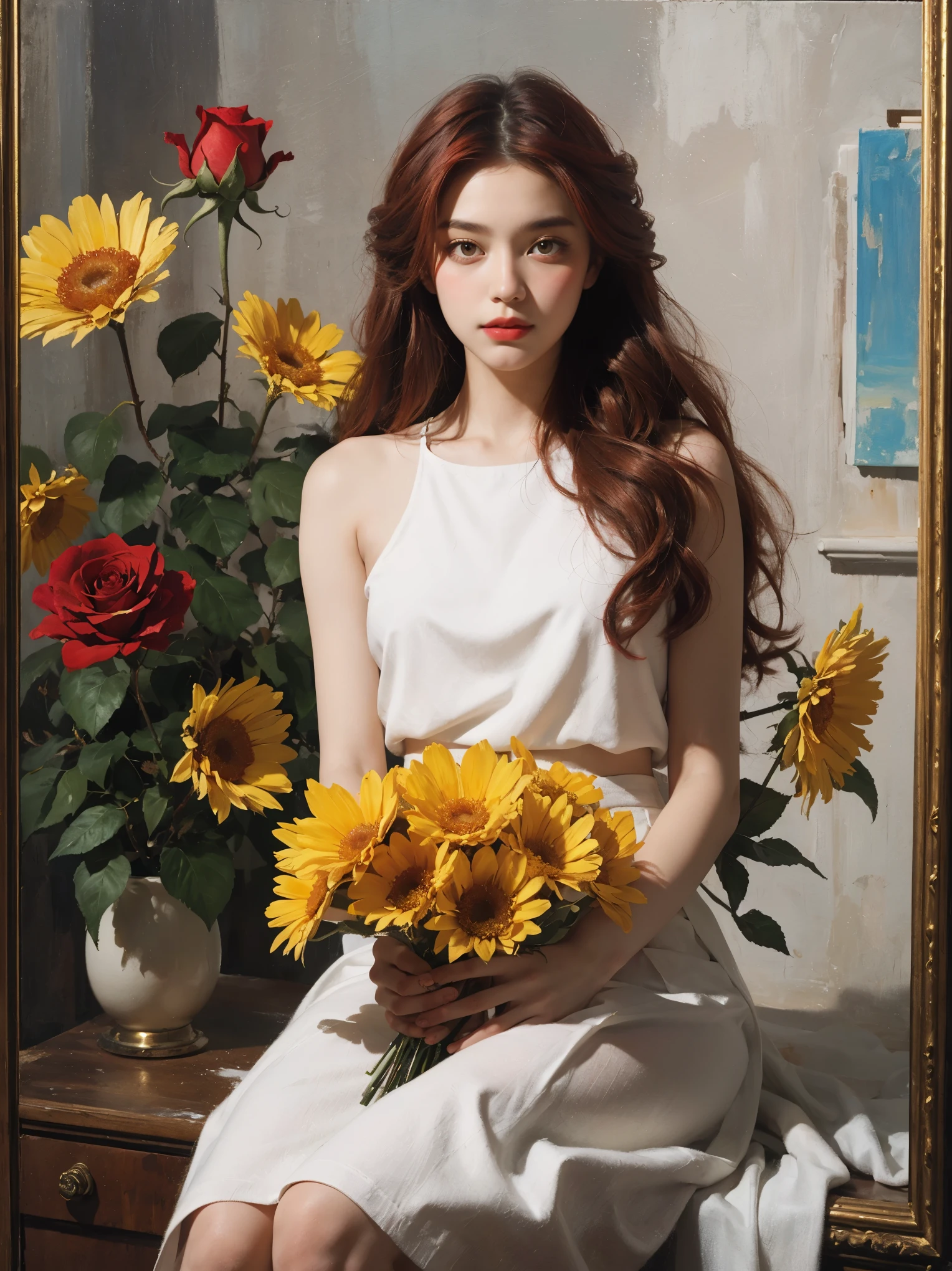 portrait,1 girl,alone,skirt,holding flower bouquet,long hair,safflower,Red hair,Red rose,white skirt,((dyeing)),((painting)),((dough)),