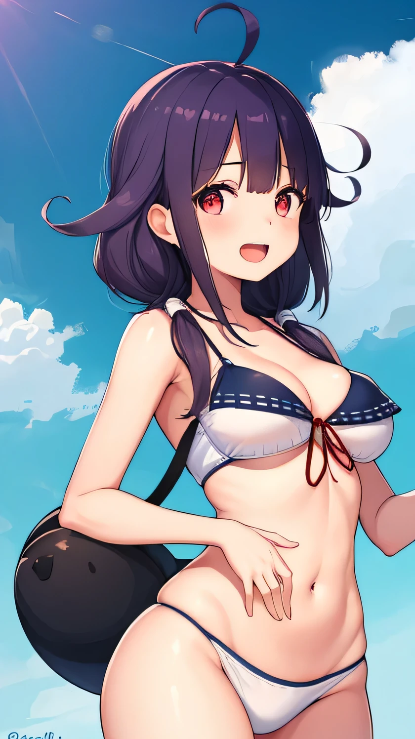 highest quality, masterpiece, High resolution, 一人in, {Taigay_fleet:1.15}, Ahoge, purple_hair, length_hair, red_eye, twin tails, low_twin tails, red面, hair_panicked, smile, chest, serafuku, Open_mouth, big_chest, 1 girl, Day, looking for_in_viewer, null, swimsuit, bikini, hin, green_null, cleavage, cloud, belly button, straw_hin, clavicle, outdoor, white_bikini
