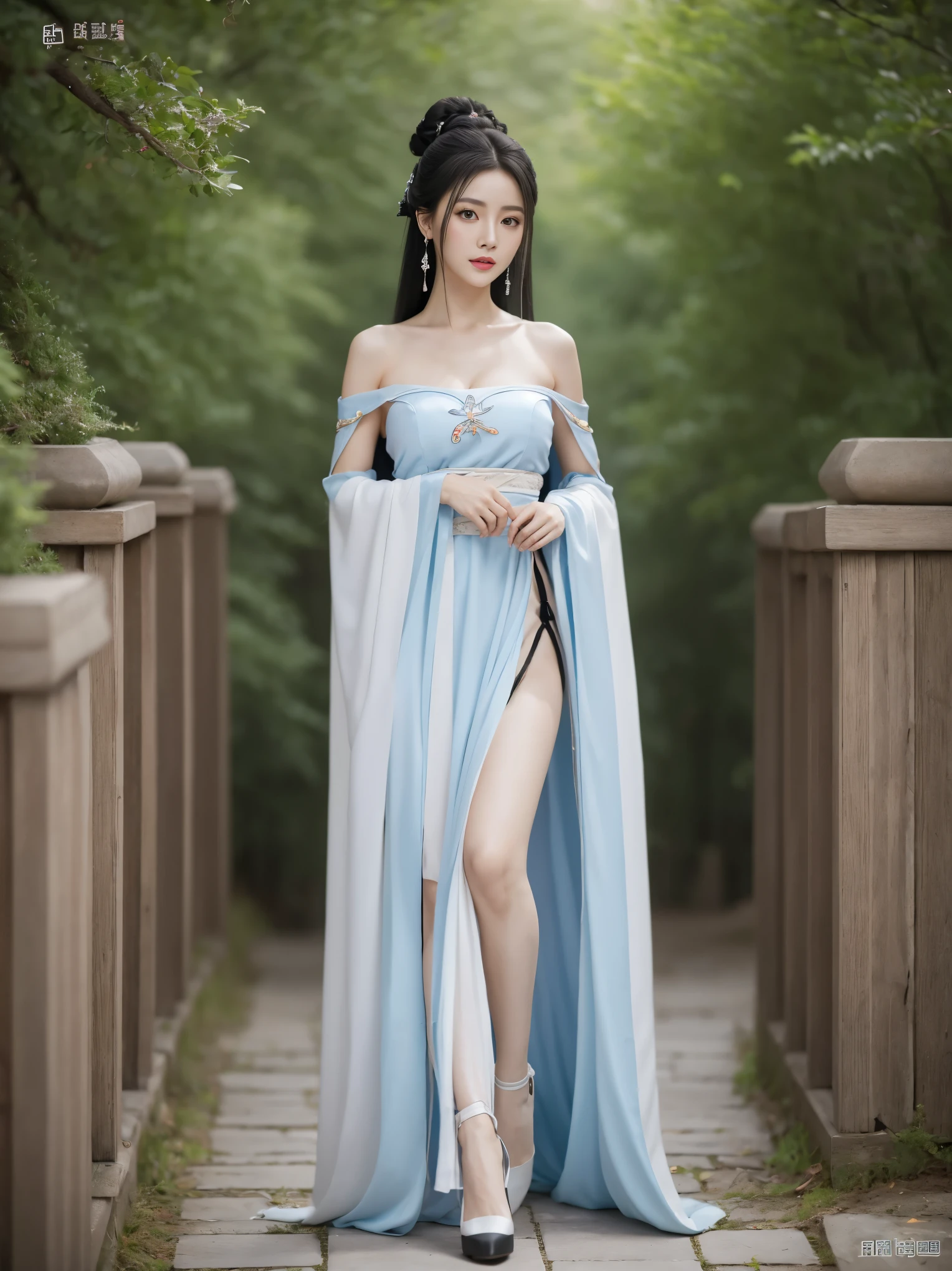 best quality,8k resolution,female,princess,long hair,black hair,hanfu,bare_shoulders, cape, drop earrings,hair bun,stockings,best quality,8k resolution,full body,female,princess,black hair,long hair,hanfu,silvercleavage dress,bare_shoulders,stockings,high heels,