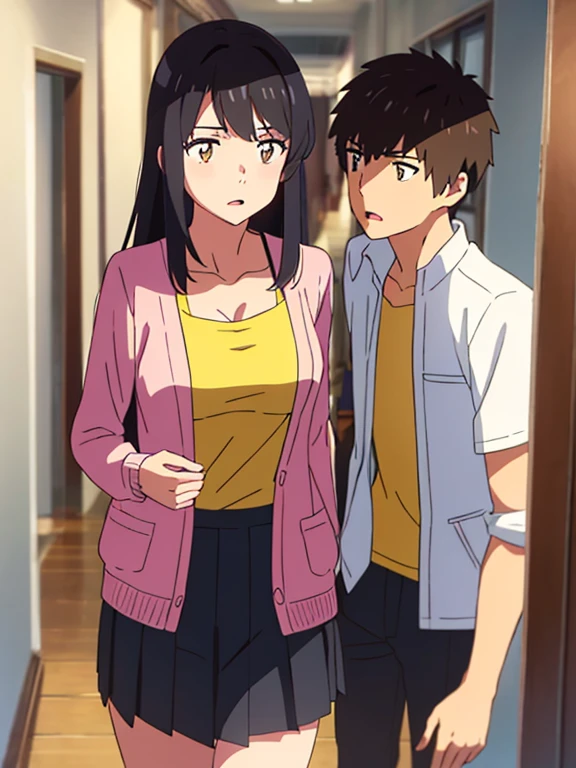 shinkai makoto, kimi no na wa., 3boys, looking at girl's chest, 1girl, bangs, black hair, brown eyes, worried eyes, open mouth, Twisted Half Up, red ribbon, long hair, pink cardigan, open shirt, yellow shirt, cleavage, breast, medium breast, black shirt skirt, covering her chest, indoors, hallway, masterpiece, perfect anatomy, cowboyshot