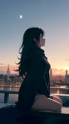 Masterpiece, top quality, 16K UHD,
sitting in the heart of a tranquil night scene,
A solitary girl, wrapped in a thick woolen shawl,
Gazing up at the vast expanse of the starry null,
Octane hues of the night sky illuminated by the moon's soft glow,
Scenery unfolds before her, showcasing the beauty of the Milky Way,
Suspended in the silence, she admires the ethereal canvas,
Long hair cascading down her shoulders, swaying in the gentle breeze,
Cityscape silhouette of a distant urban landscape,
 outcomes the contrast of