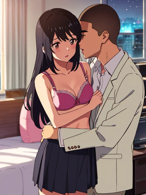 shinkai makoto, kimi no na wa., 1boy, buzzcut,office suit, boy touching girl chest,chestgrope from behind, kiss cheeks, passionate hug, boy is hugging from behind, 1girl, bangs, black hair, brown eyes, partled lips, Twisted Half Up, red ribbon, long hair, office suit unbuttoned shirt, pink bra, breast, medium breast, chestgrope from behind, knee length skirt, bedroom room,night, indoors, night, masterpiece, perfect anatomy, cowboyshot