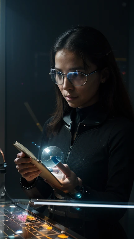 best quality, highres, ultra-detailed, realistic, sci-fi, book, futuristic, laboratory, scientific experiment, DNA, microscope, formulas, equations, futuristic glasses, holographic display, glowing lines, advanced technology, genetic engineering, artificial intelligence, quantum physics, astrophysics, space exploration, time travel, black hole, multiverse, mathematical beauty, scientific discovery, mind-bending concepts, scientific revolution, cutting-edge research, intellectual curiosity, scientific breakthroughs, innovation, knowledge, exploration of the unknown, scientific progress, infinite possibilities, technological advancements, scientific vision, uncovering the mysteries of the universe, pushing the boundaries of human understanding, inspiring generations to explore the wonders of science.