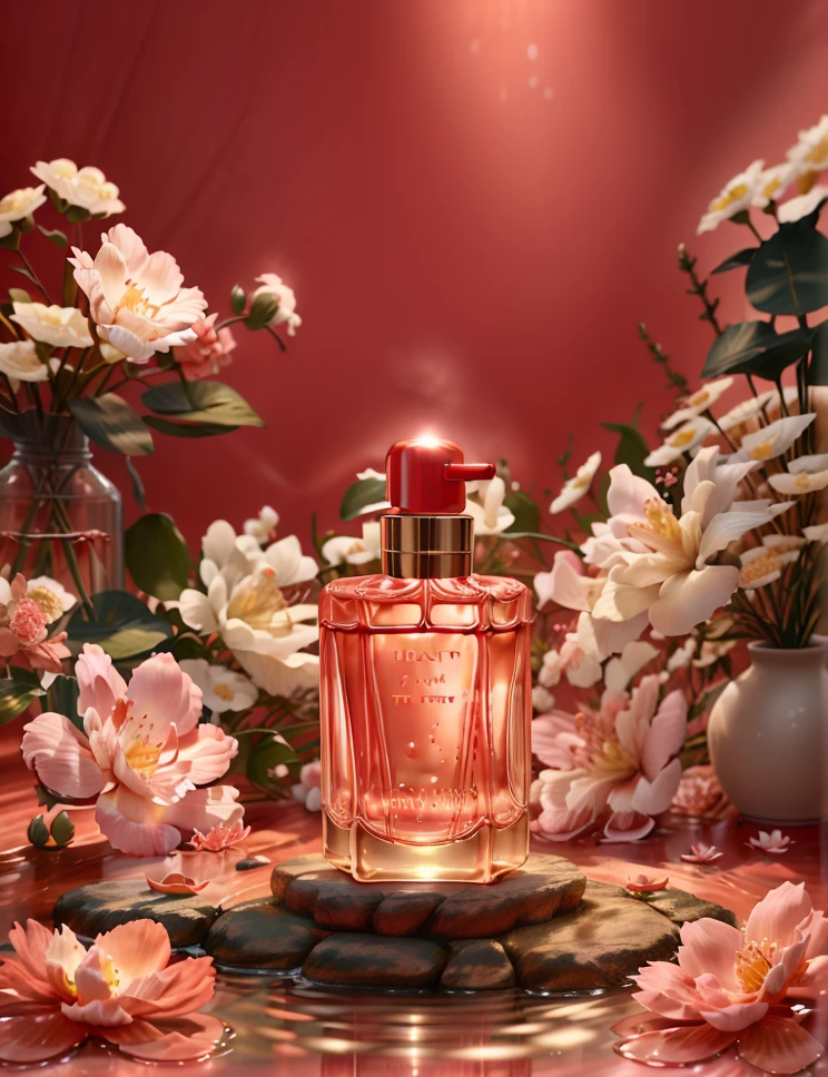 Refreshing Photos and Capture Ingredients of Moisturizing Face Cream。The stage features a fresh, soft light red background and soft diffused lighting，There are also many flowers in the background，Creates a fresh and sweet feeling。Place a beautifully designed Base in a prominent position in the frame，Below is the water flow，And decorated with delicate petals，Capture the moment when the scent envelopes the entire scene，Create an atmosphere of elegance and indulgence，8k，high resolution