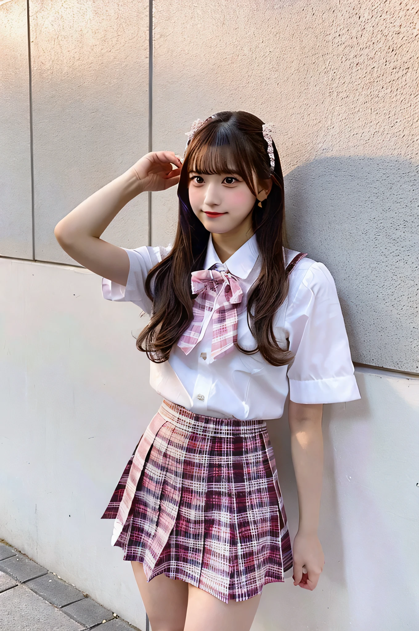 An 18-year-old high school girl wearing a very short pink plaid skirt and white dress shirt..