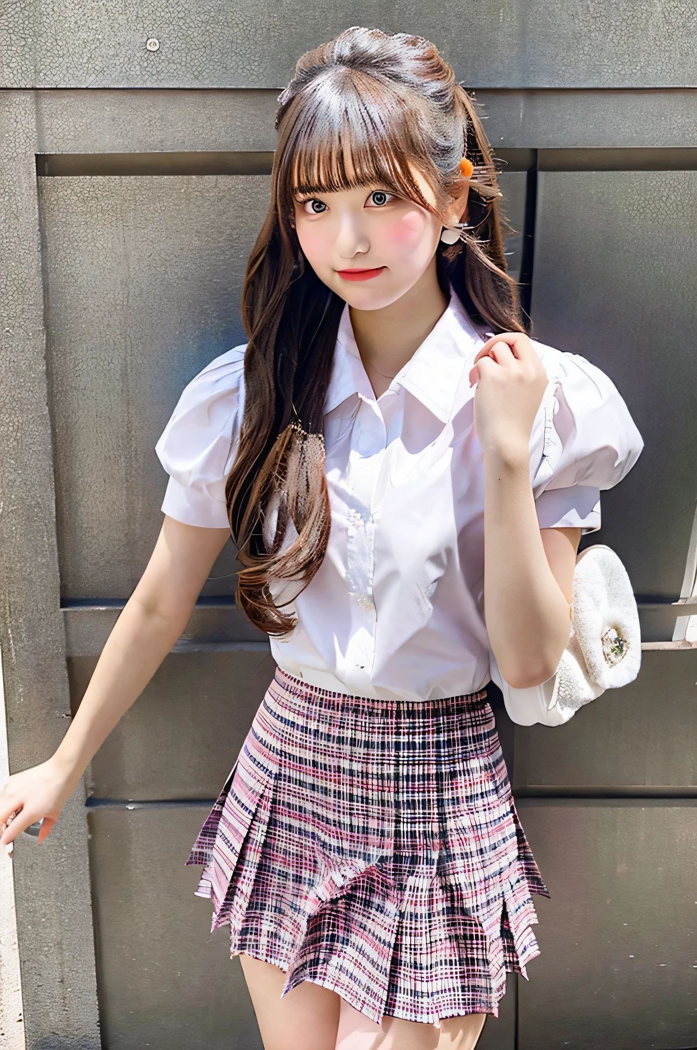 An 18-year-old high school girl wearing a very short pink plaid skirt and white dress shirt..