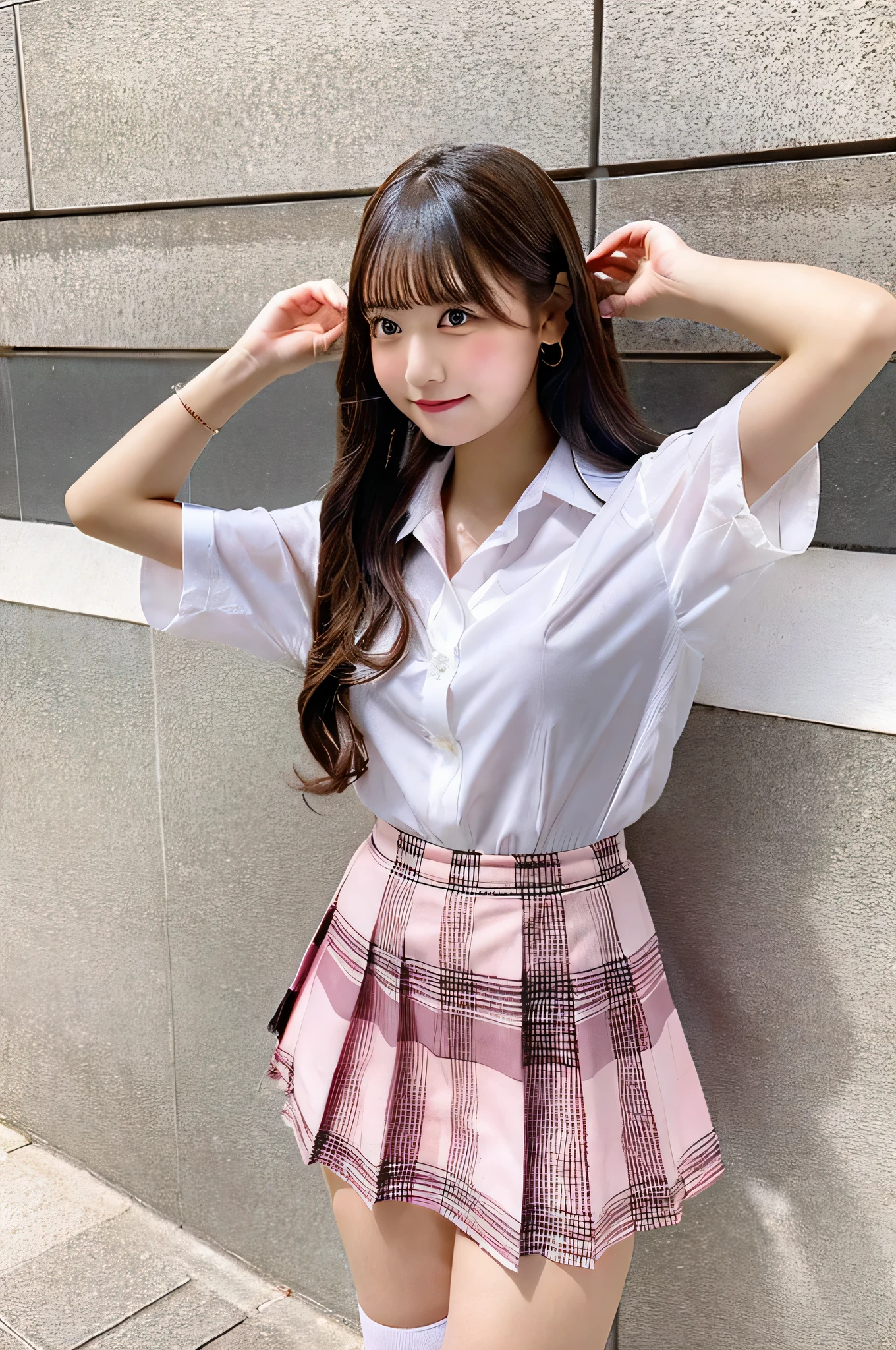 An 18-year-old high school girl wearing a very short pink plaid skirt and white dress shirt..
