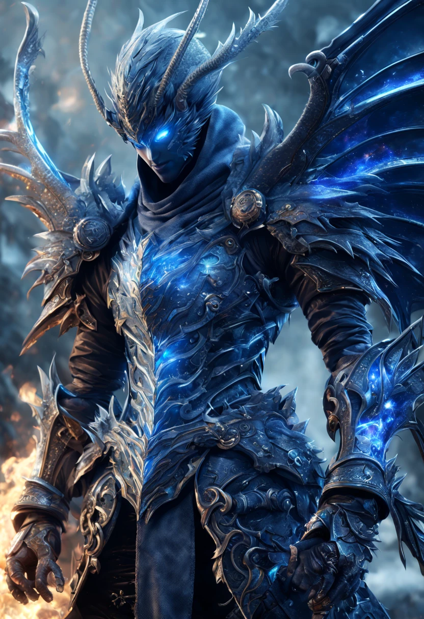 standing near a dragon is a gorgeous anime Half elf rogue male thai model with a black and deep blue hood outfit, highly detailed steampunk, eterochrome blue eyes, scars on the cheek Cyber eyes dark elf fighting a huge elven saddled armored dragon, dark demonic environment, highly detailed, unreal engine 5, battle field standing