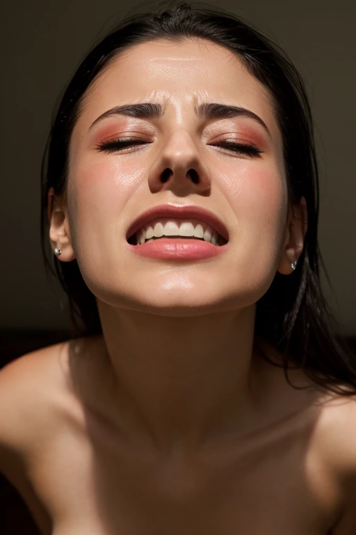 pieces fly,award winning photos, very detailed, edge orgasm, woman with open mouth and closed eyes , skin shining with sweat、Illumination that emphasizes shiny sweat{{{spread }}}, black hair、NSFW,{{{{Crowd of male onlookers}}}},(elongated nostrils)、lighting from below、grimacing expression