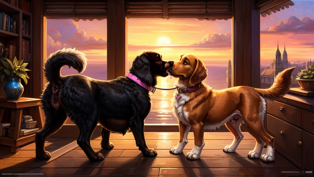  🐕‍🦺x🐕x🐩x🐶, (absurd res), ((ultra high resolution)), (((masterpiece quality))), ((isometric view)), ((breathtaking painstakingly detailed background)), ((impressive lighting)), ((sunset cloudloating hearts)), ((sparkles)), confetti, sunlight, ⫷|⫸ foxovh, sligarthetiger, cumbread, gammainks, seibear, lollipopcon, dizzyknight, greasymojo, xpray, roly, honovy, taran fiddler, kenket, riendonut, Bayard Wu, Thomas Benjamin Kennington, Duase, ⫷|⫸ pink collar, flamboyant dog leash, girly accessories, ⫷|⫸ (fuzzy furry body:1.6), ((fur pattern)), ((exotic mammal)), (wagging raised tail), ⫷|⫸ (FERAL:1.5), canid, canine, feral, mammal, (sighthound), (domestic dog), (pastoral dog), (setter), (spaniel), (terrier), (mastiff), (dachshund), (scent hound), (saluki), (golden retriever), ((2 dogs)), ((a deep juicy kiss)), (((kissing))), embrace, female/female, kiss on lips, saliva, drooling, slobber, vomiting, saliva string, raised tail, butt shot, anus, side view, standing, (feminine body formation), (2 female mommy dogs:1.4), (correct anatomy:1.6), (correct feral anatomy;1.6), ((multi nipple)), (big fluffy butt), facing each other, side view, body against body, (((lesbian ferals kissing))), ((large attractive butt)), on all fours, (black anus), breastfeeding, (sexy eyelashes), medium dog, pregnant, tackling,