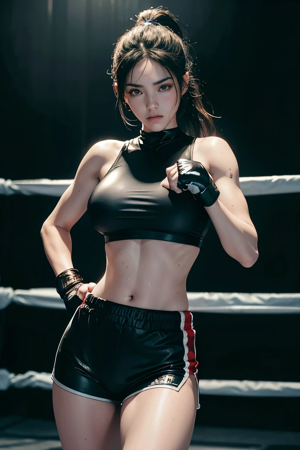 8k, best quality, masterpiece, realistic, real person, Unity 8k wallpaper, (1 girl) , Beautiful eyes, (Delicate face) , Perfect detail, (best lighting) , (Ultra complex details) , (boxing girl) , (sexy), sweat, heavy breathing, (oppressive aggression) , (boxing ring), athletic shorts, perfect detail, perfect fingers, perfect limb, impact, ( shiny skin), abs, muscles, big tits, waistline,boxing shorts, fist fight, black hair, high ponytail, very long hair, 4k unified, (super detail c: 1.2), (8k:1.2), realistic, octane rendering