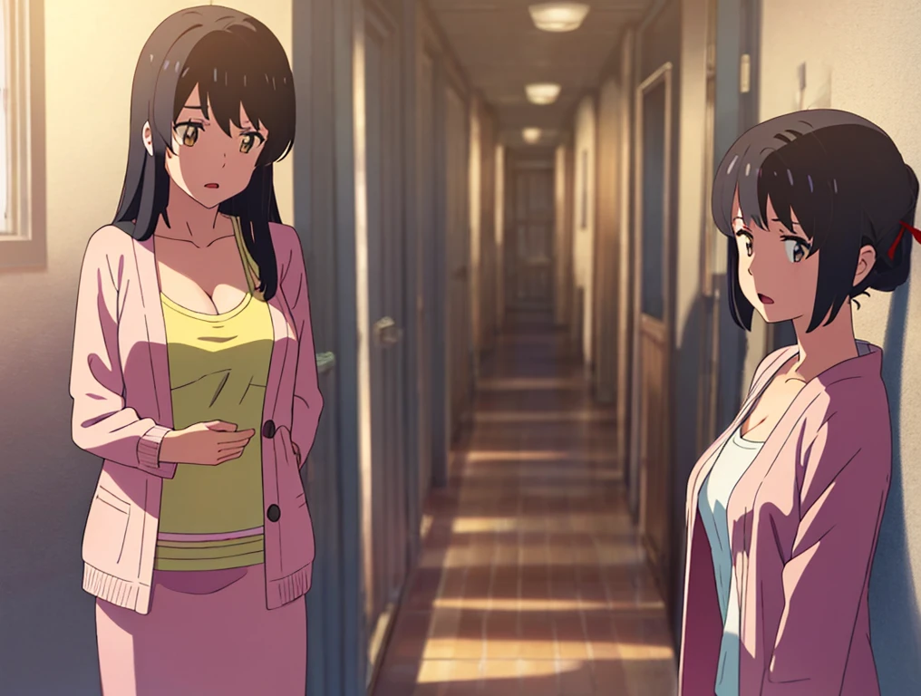 shinkai makoto, kimi no na wa., 3boys, 1girl is
surrounding by 3boys, 1girl, bangs, black hair, brown eyes, worried eyes, open mouth, Twisted Half Up, red ribbon, long hair, pink cardigan, open shirt, yellow shirt, cleavage, breast, medium breast, black shirt skirt, covering her chest, indoors, hallway, masterpiece, perfect anatomy, cowboyshot