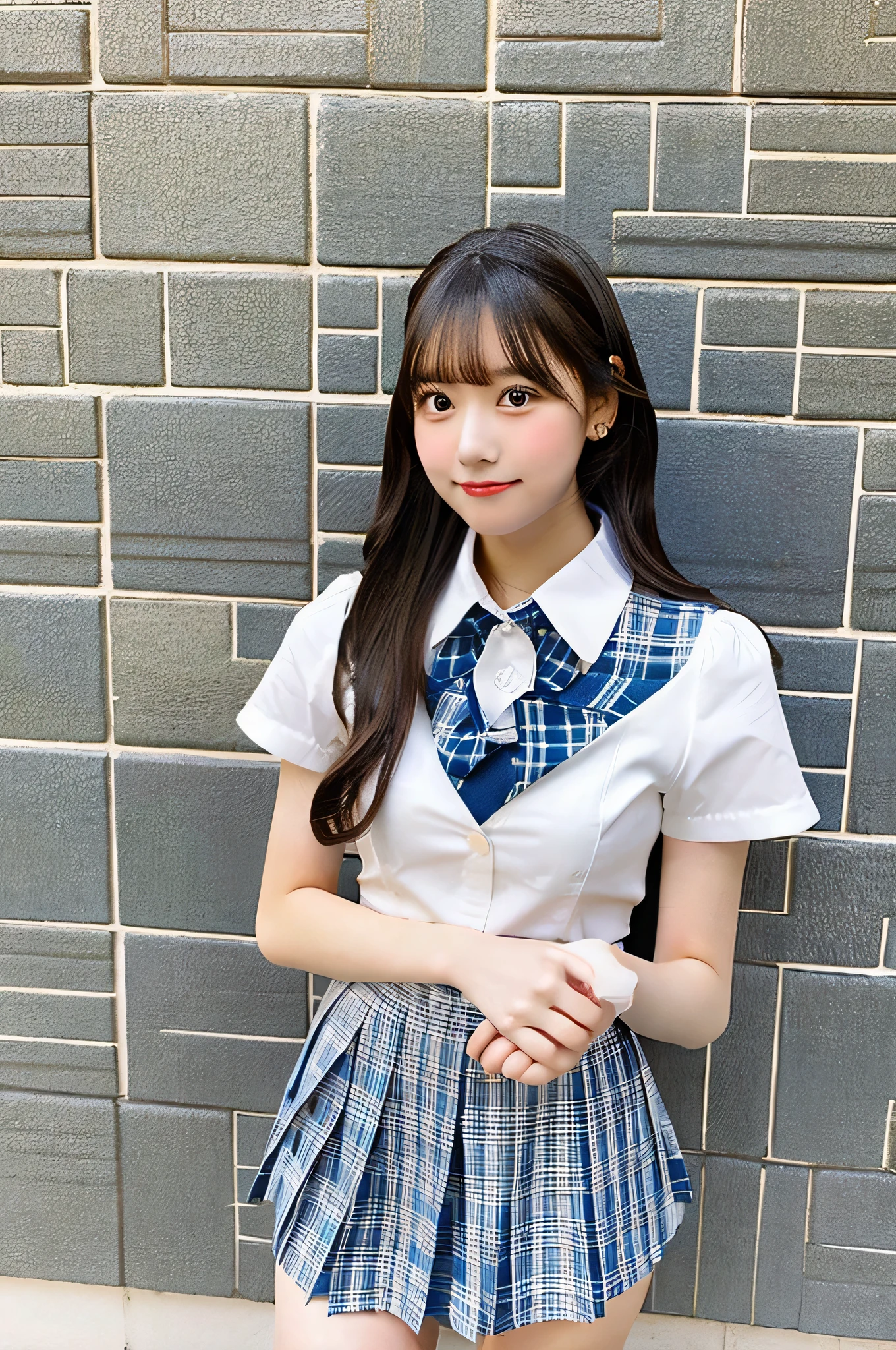 An 18-year-old high school girl wearing a very short skirt with a light blue plaid pattern and a white dress shirt..